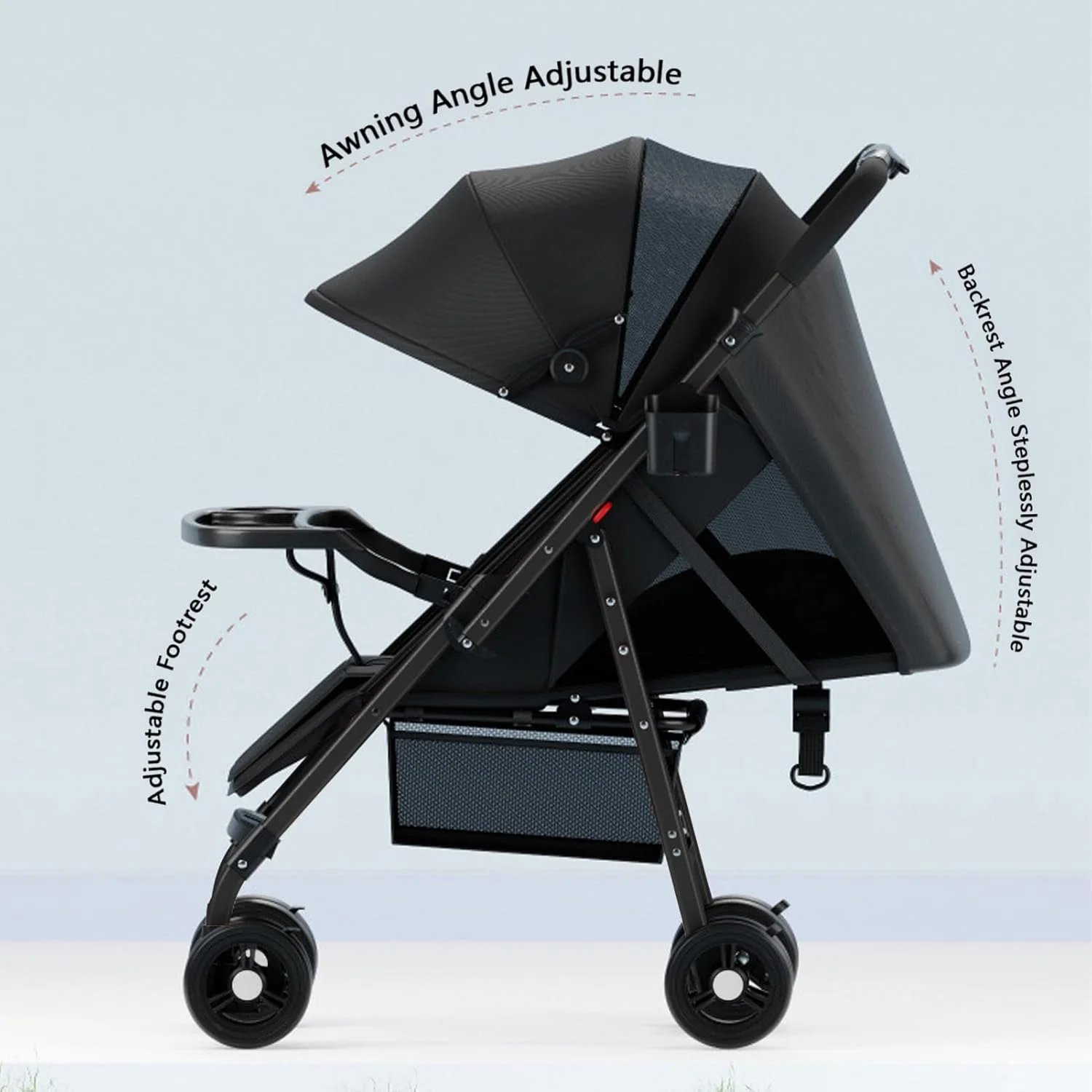 کالسکه سبک وزن برای نوزاد، کالسکه مسافرتی، کالسکه دو طرفه برای هواپیما، باز و بسته شدن با یک لمس، کالسکه نوزاد/تکیه گاه قابل تنظیم/سایبان/سپر T شکل/سینی غذا/تشک خنک کننده