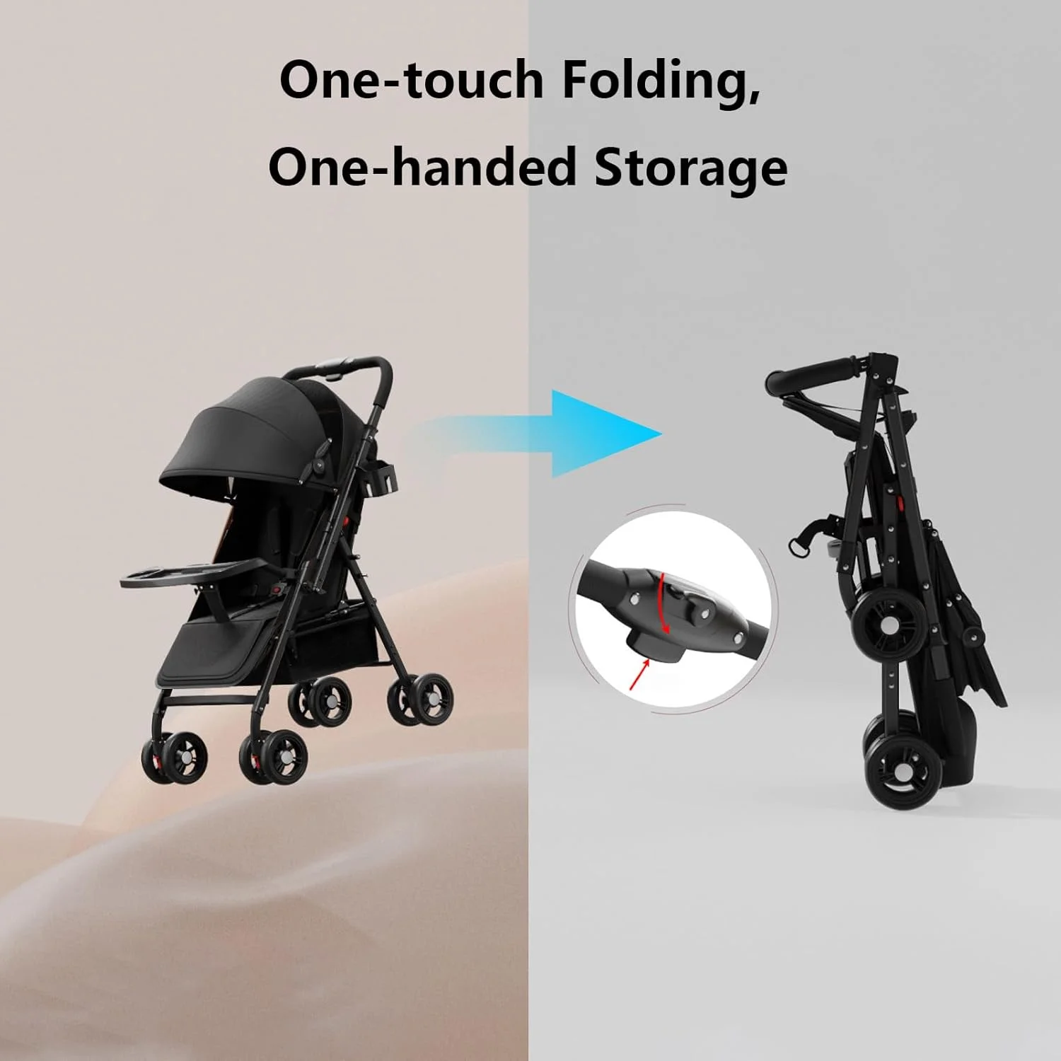 کالسکه سبک وزن برای نوزاد، کالسکه مسافرتی، کالسکه دو طرفه برای هواپیما، باز و بسته شدن با یک لمس، کالسکه نوزاد/تکیه گاه قابل تنظیم/سایبان/سپر T شکل/سینی غذا/تشک خنک کننده