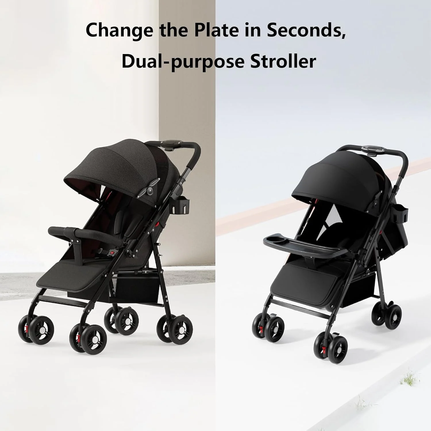 کالسکه سبک وزن برای نوزاد، کالسکه مسافرتی، کالسکه دو طرفه برای هواپیما، باز و بسته شدن با یک لمس، کالسکه نوزاد/تکیه گاه قابل تنظیم/سایبان/سپر T شکل/سینی غذا/تشک خنک کننده