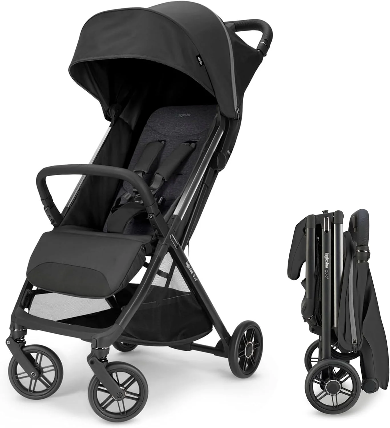 کالسکه مسافرتی اینگلسینا Quid³، مشکی کیهانی - کالسکه مسافرتی تاشو و جمع و جور با قابلیت تنظیم پشتی برای نوزاد و کودک تا وزن 25 کیلوگرم، تاشو با یک دست، سازگار با صندلی ماشین، قابل حمل در کابین هواپیما، سبک وزن، سایبان XL با محافظت UPF 50+