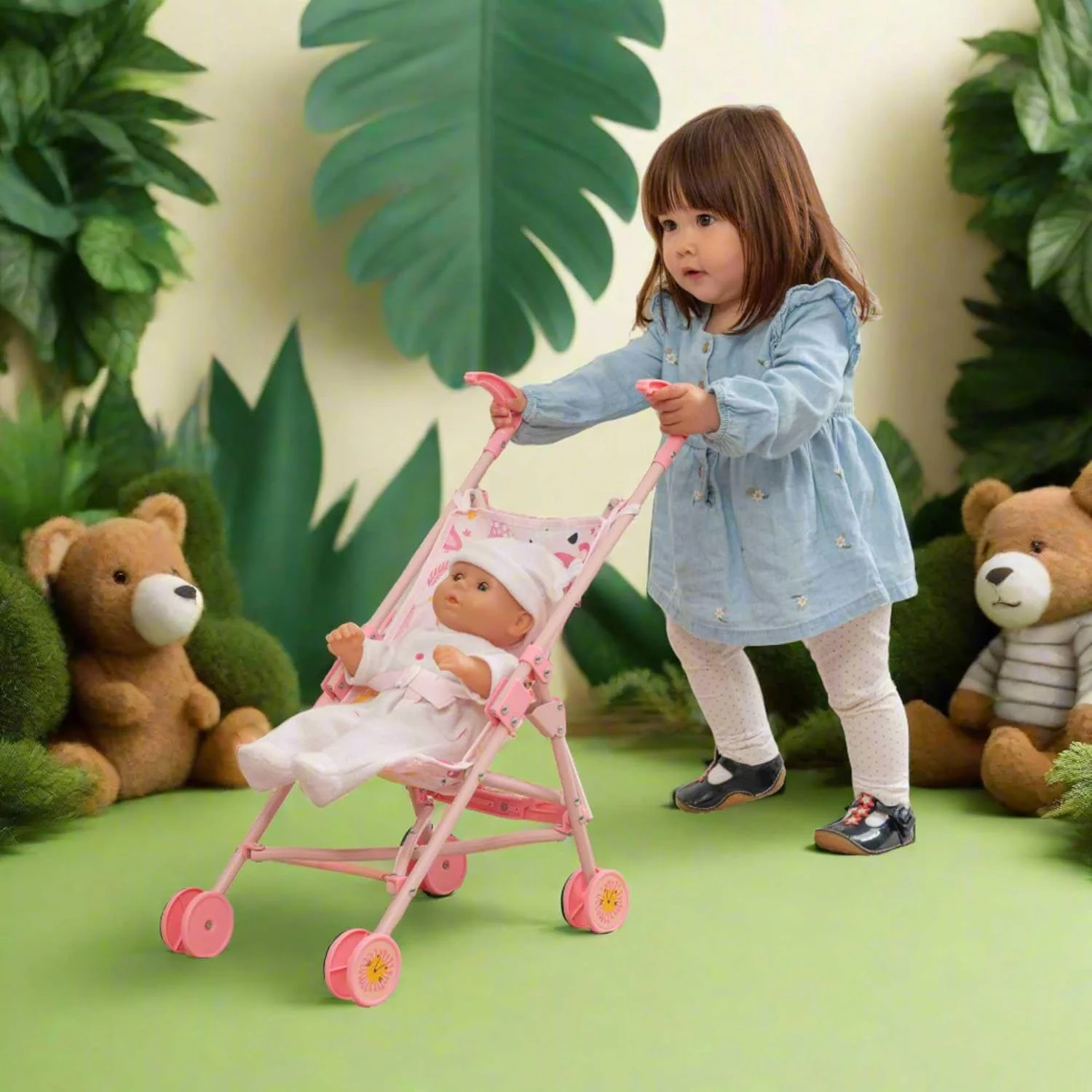 کالسکه تک نفره عروسک بیبی بو اچ تی آی | کالسکه اسباب بازی عروسک | کالسکه عروسک بچه | کالسکه چتری تاشو اسباب بازی عروسک بچه گانه | کالسکه اسباب بازی نقش آفرینی عروسک | مناسب برای 2 سال به بالا (جنگل صورتی)