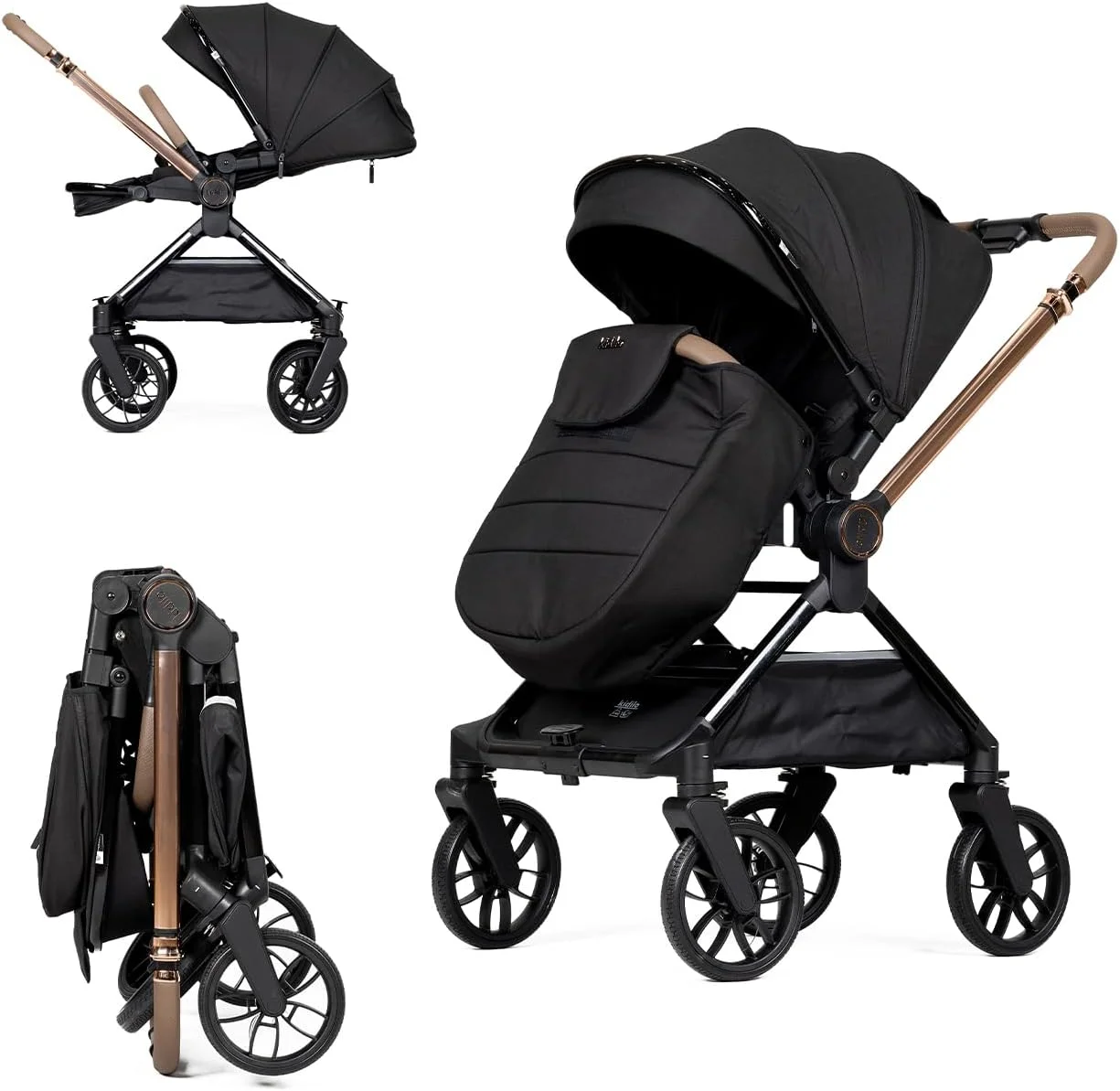 کالسکه بچه کیدیلو لاکچری - کالسکه تاشو، سبک و مناسب سفر با فریم طلایی برای مادران شیک پوش | استفاده آسان، طراحی جمع و جور، سواری نرم، صندلی قابل تنظیم و سبد ذخیره سازی بزرگ