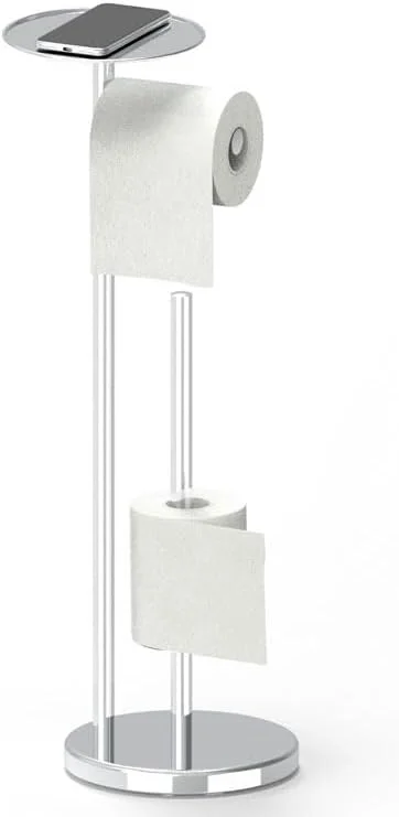جا دستمال کاغذی ایستاده YUET، استند نگهدارنده تاشو دستمال کاغذی، استیل ضد زنگ مناسب حمام، جا دستمال کاغذی پایه دار ضد زنگ با قفسه، ظرفیت 5 رول (نقره ای)