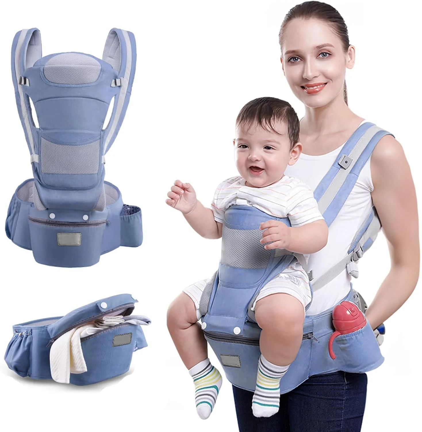 آغوشی نوزاد چند منظوره KASTWAVE با نشیمنگاه کمری، نگهدارنده ارگونومیک 15 در 1 کودک، قابل تنظیم برای همه آب و هوا، با سایه بان و محافظ باد، جیب های ذخیره سازی، ایده آل برای 0-48 ماه