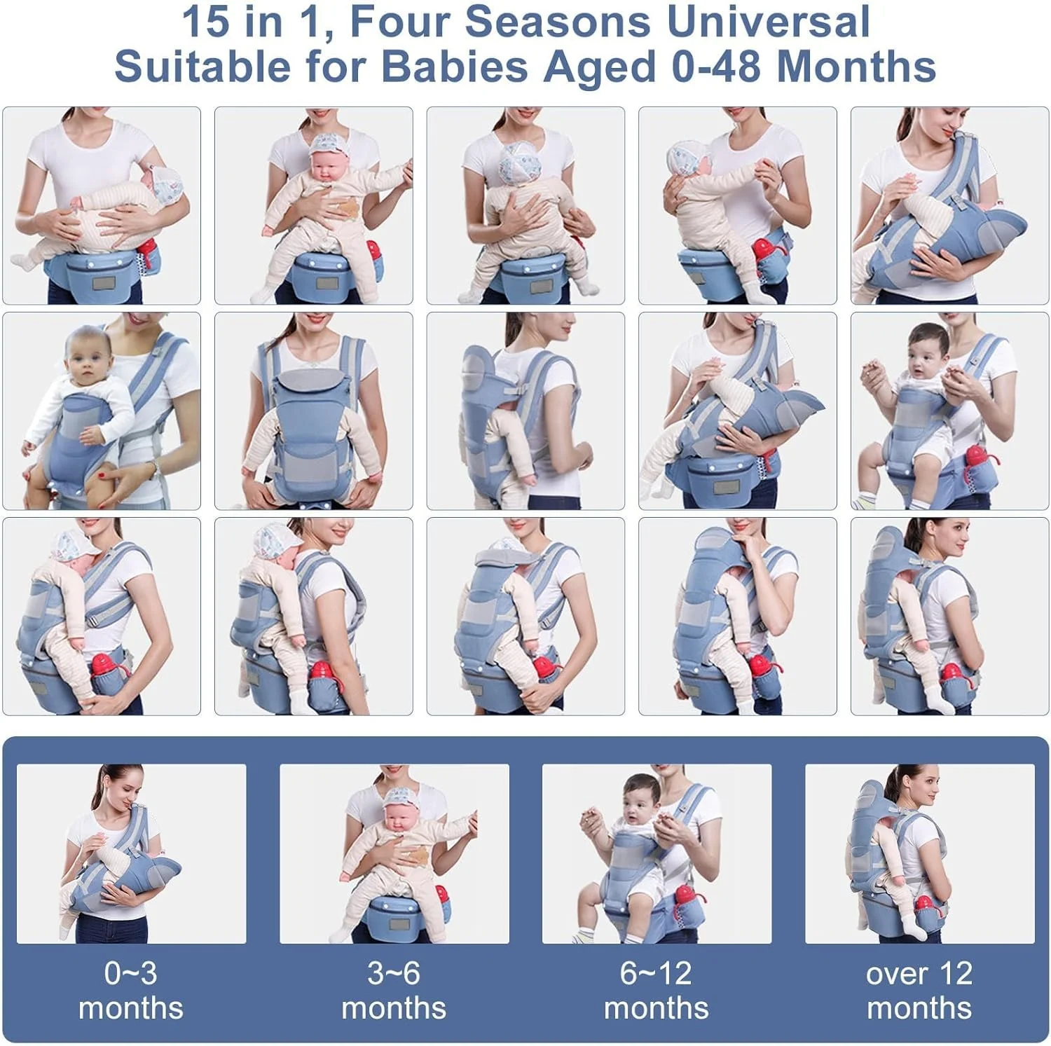 آغوشی نوزاد چند منظوره KASTWAVE با نشیمنگاه کمری، نگهدارنده ارگونومیک 15 در 1 کودک، قابل تنظیم برای همه آب و هوا، با سایه بان و محافظ باد، جیب های ذخیره سازی، ایده آل برای 0-48 ماه