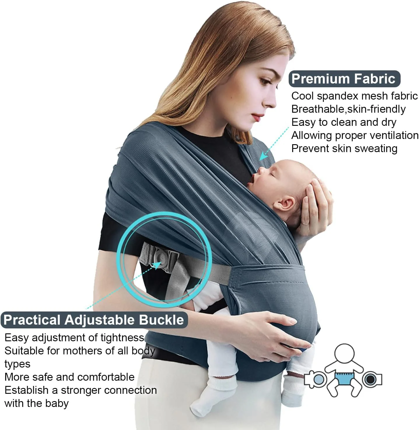 آغوشی نوزاد KASTWAVE قابل تنظیم، مناسب نوزادان تا کودکان نوپا، آغوشی کشسان تا وزن 15 کیلوگرم، ایده آل برای راحتی و پشتیبانی (خاکستری جدید)