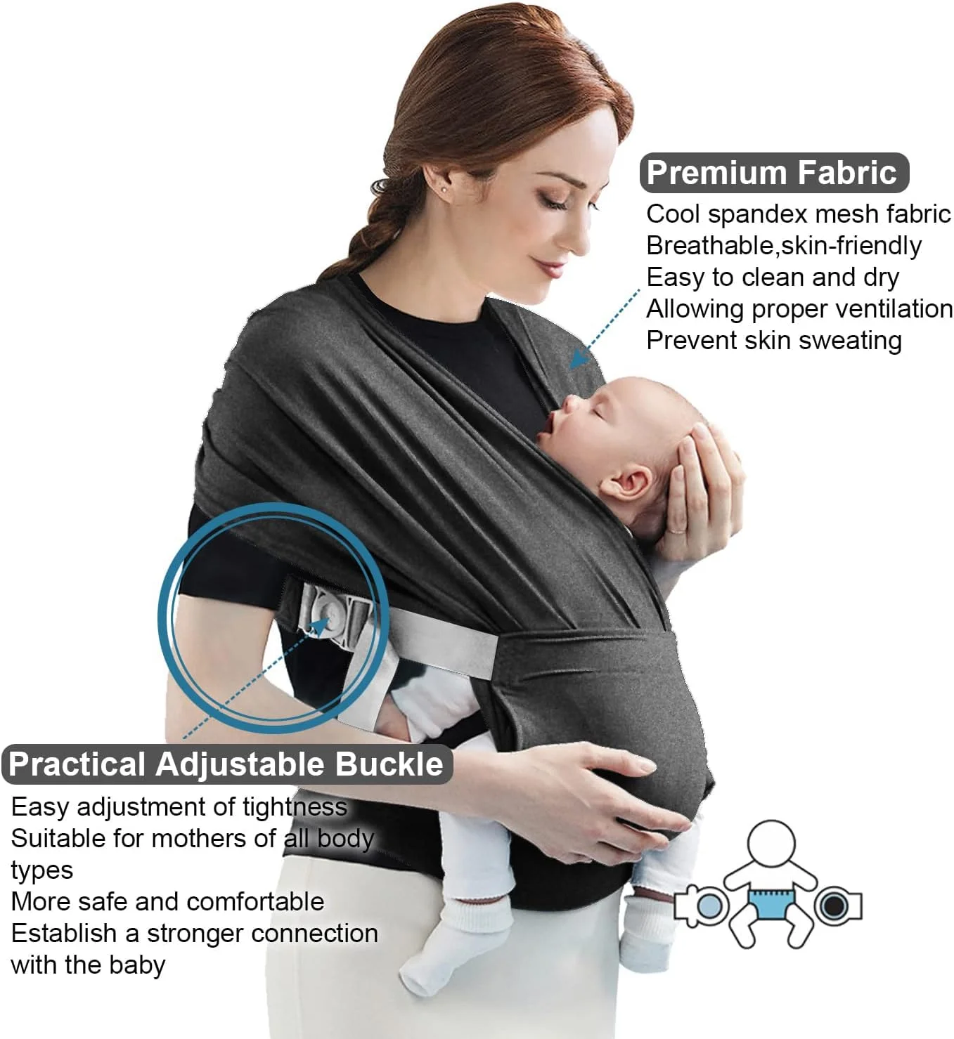 آغوشی نوزاد KASTWAVE قابل تنظیم برای نوزادان تا کودکان نوپا، آغوشی کشسان تا وزن 15 کیلوگرم، خاکستری تیره - ایده آل برای حمل راحت نوزاد