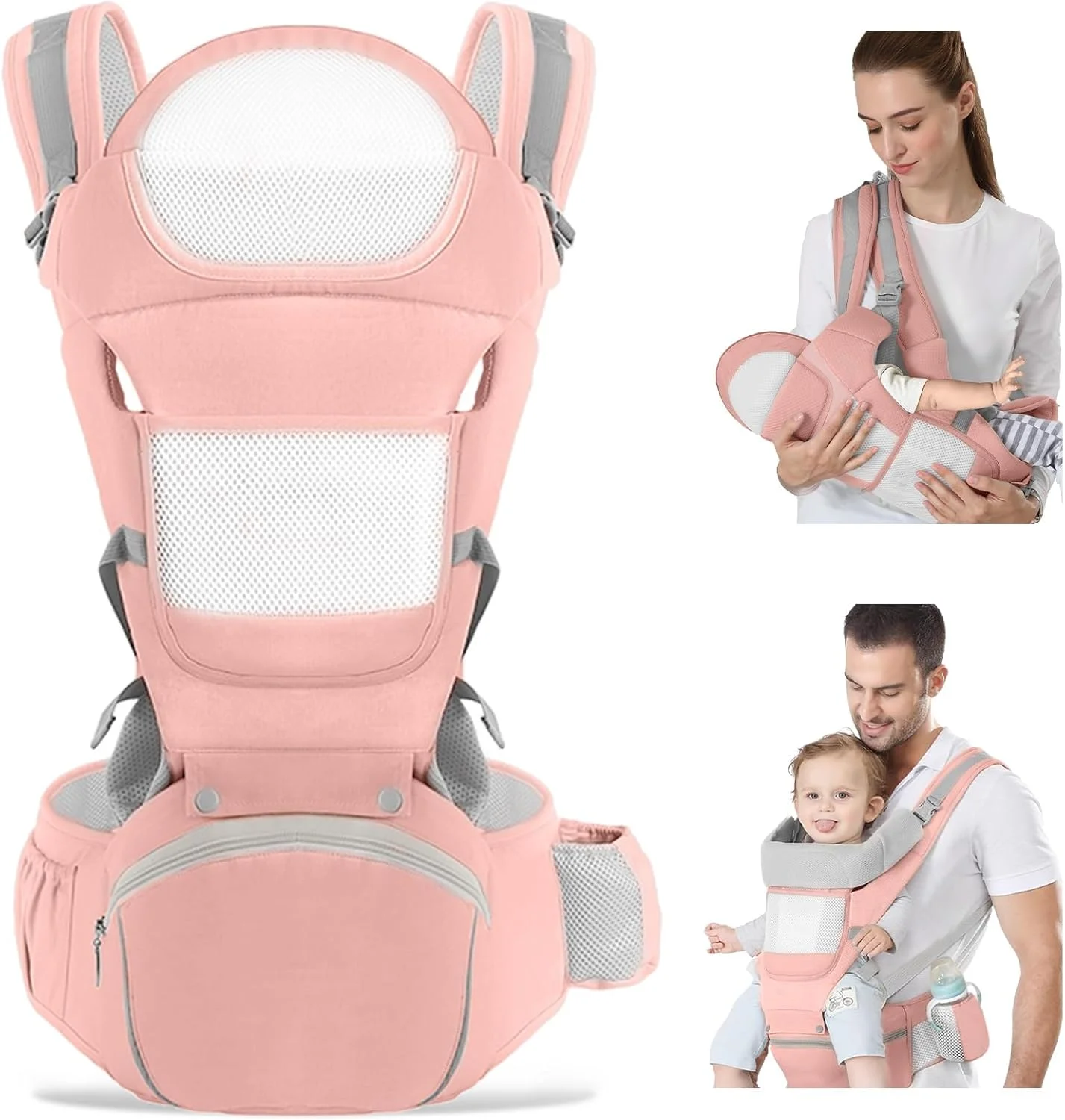 آغوشی نوزاد با نشیمنگاه برای پدر، آغوشی نوزاد از بدو تولد تا نوپا، طراحی ارگونومیک M، آغوشی کودک نوپا 6 در 1، پشتیبانی از سر، آغوشی نوزاد توری برای مادر (صورتی)