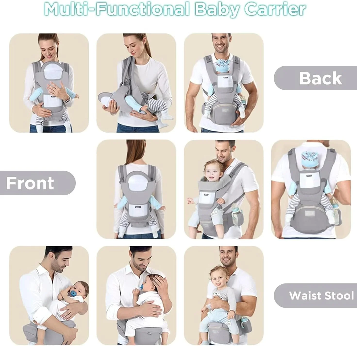 آغوشی نوزاد 9 در 1 KASTWAVE با نشیمنگاه برای نوزادان تا کودکان نوپا، کوله پشتی قابل تنظیم و جدا شدن، راحتی در تمام فصول، تحمل وزن 3 تا 20 کیلوگرم (خاکستری)
