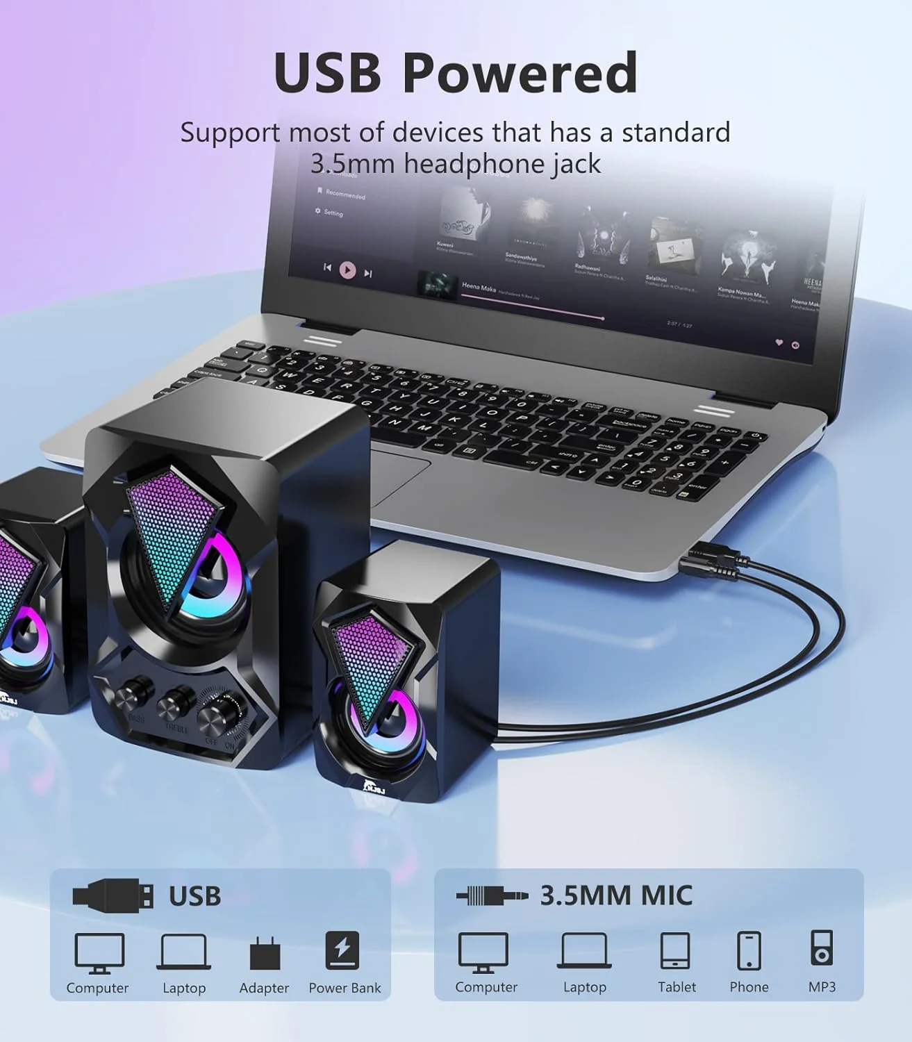 اسپیکر کامپیوتر NJSJ با ساب ووفر، سیستم اسپیکر چند رسانه ای استریو مینی 2.1 با نورپردازی RGB LED مخصوص بازی، اتصال سیمی 3.5 میلی متری صدا برای کامپیوتر، لپ تاپ، مانیتور، تبلت، 11 وات