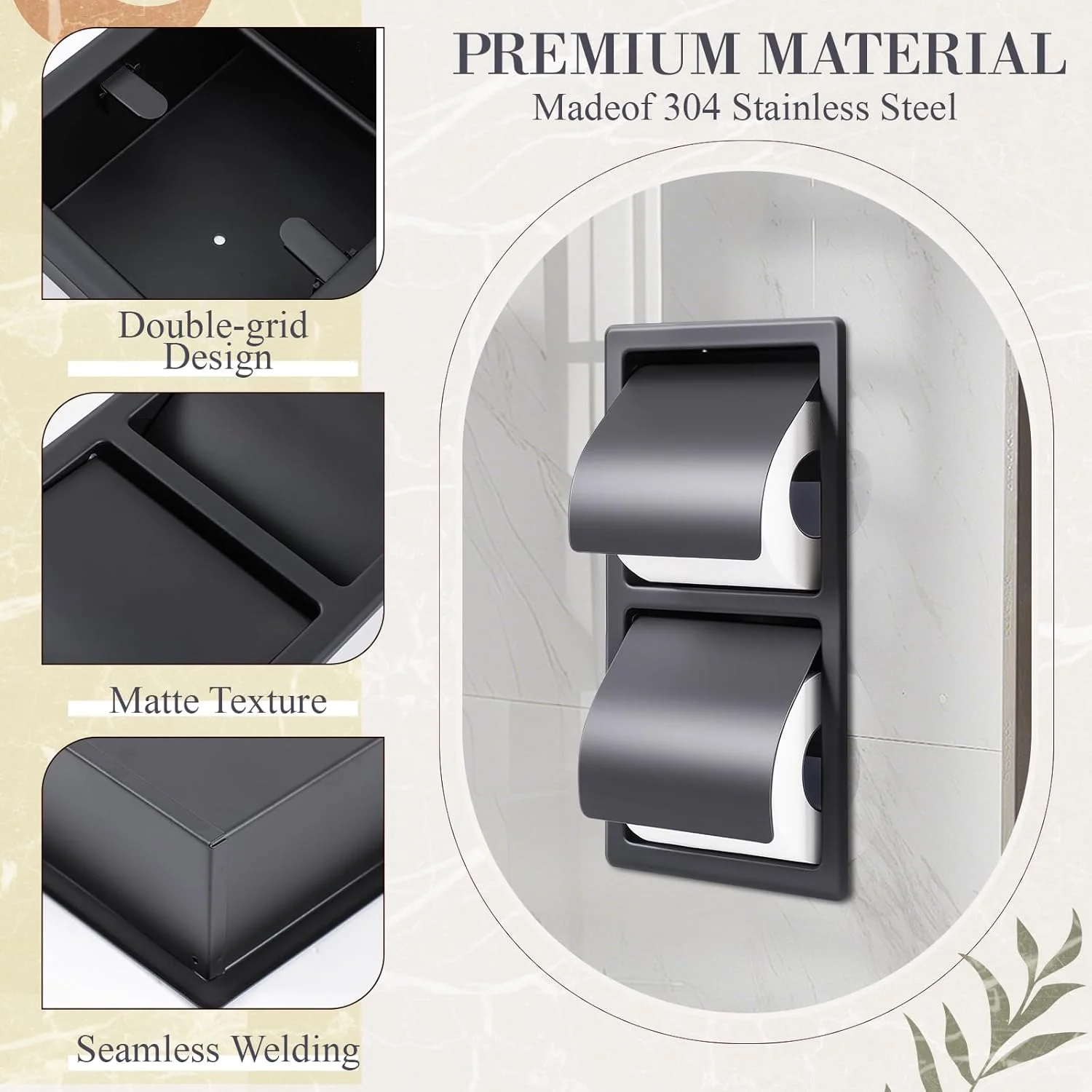 جای دستمال توالت دو رولی توکار Yalikop، استیل ضد زنگ 304، نگهدارنده عمودی دستمال کاغذی توالت برای بازسازی حمام، داخل دیوار، با روکش مشکی مات مدرن جای دستمال توالت دو رولی توکار Yalikop، استیل ضد زنگ 304، نگهدارنده عمودی دستمال کاغذی توالت برای بازسازی حمام، داخل دیوار، با روکش مشکی مات مدرن
