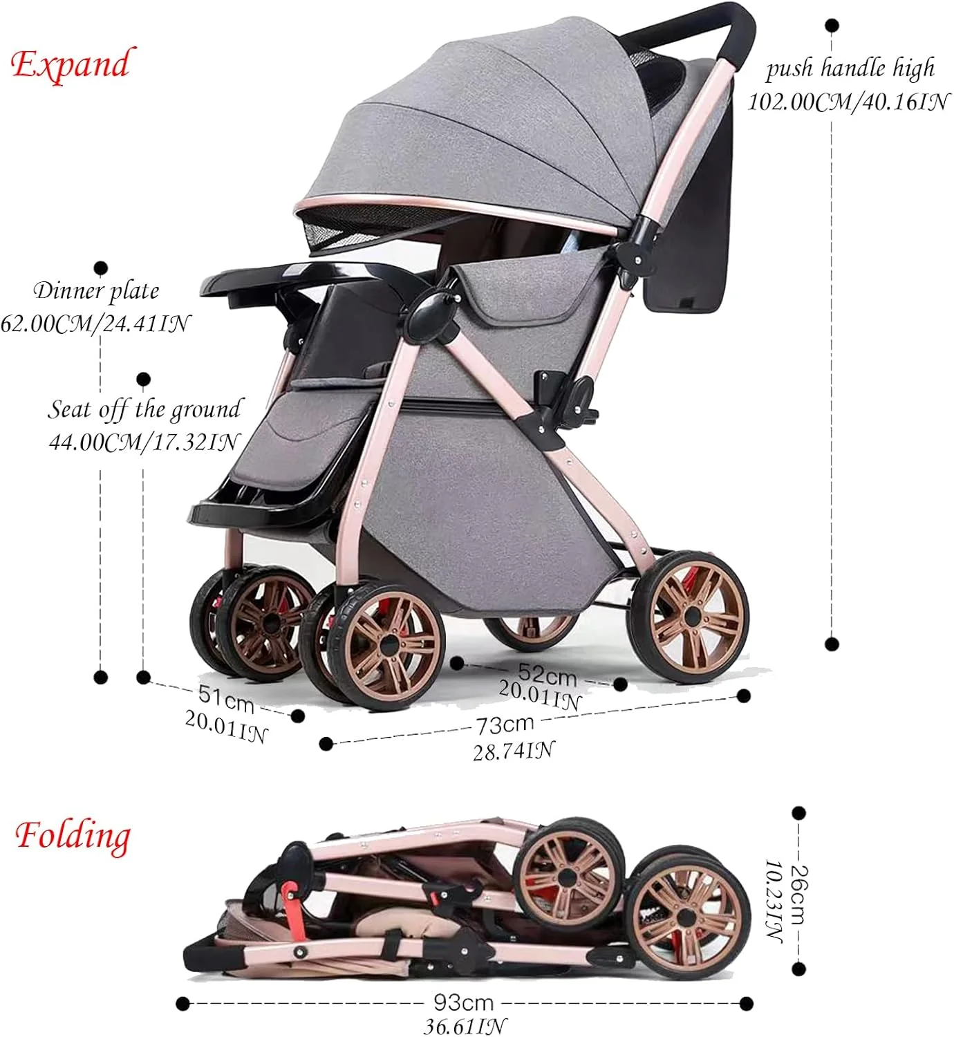 ESYAMAPET 2 in 1 Lightweight Stroller, High Landscape Baby Stroller w/Two-Way Rotational Seat, Storage Basket, Adjustable Backrest & Canopy, Foldable Infant Pram Stroller for 0-36 Months Babies, Grey