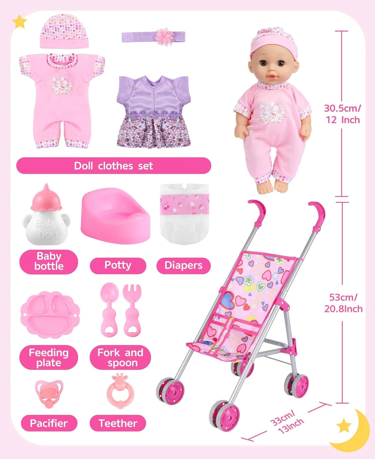 GAGAKU Baby Doll Stroller Playset with 12-inch Doll & Accessories, Foldable Lightweight Toy Stroller for Toddler Girls Kids Ages 1-6, 12" Baby Doll and Accessories Included GAGAKU Baby Doll Stroller Playset with 12-inch Doll & Accessories, Foldable Lightweight Toy Stroller for Toddler Girls Kids Ages 1-6, 12" Baby Doll and Accessories Included