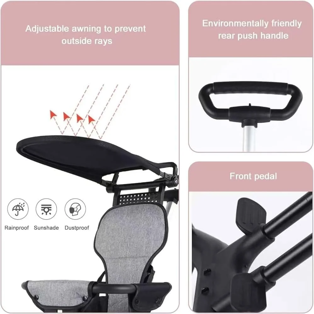 کالسکه تاشو کودک با صندلی چرخان 360 درجه، کمربند ایمنی و تاشو با یک دست (4 کیلوگرم) مناسب هواپیما/مسافرت، کالسکه نوزاد ارگونومیک قابل تنظیم برای نوزاد 6 ماهه تا 3 ساله