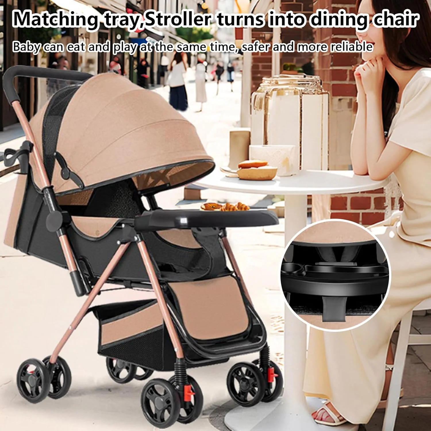 کالسکه تاشو دو طرفه سبک وزن، کالسکه‌های چتری مسافرتی، کالسکه‌های نوزاد و کالسکه کودک نوپا با سبد ذخیره سازی بزرگ و سایبان، صندلی تکیه گاه، سینی کودک، جمع و جور برای مسافرت