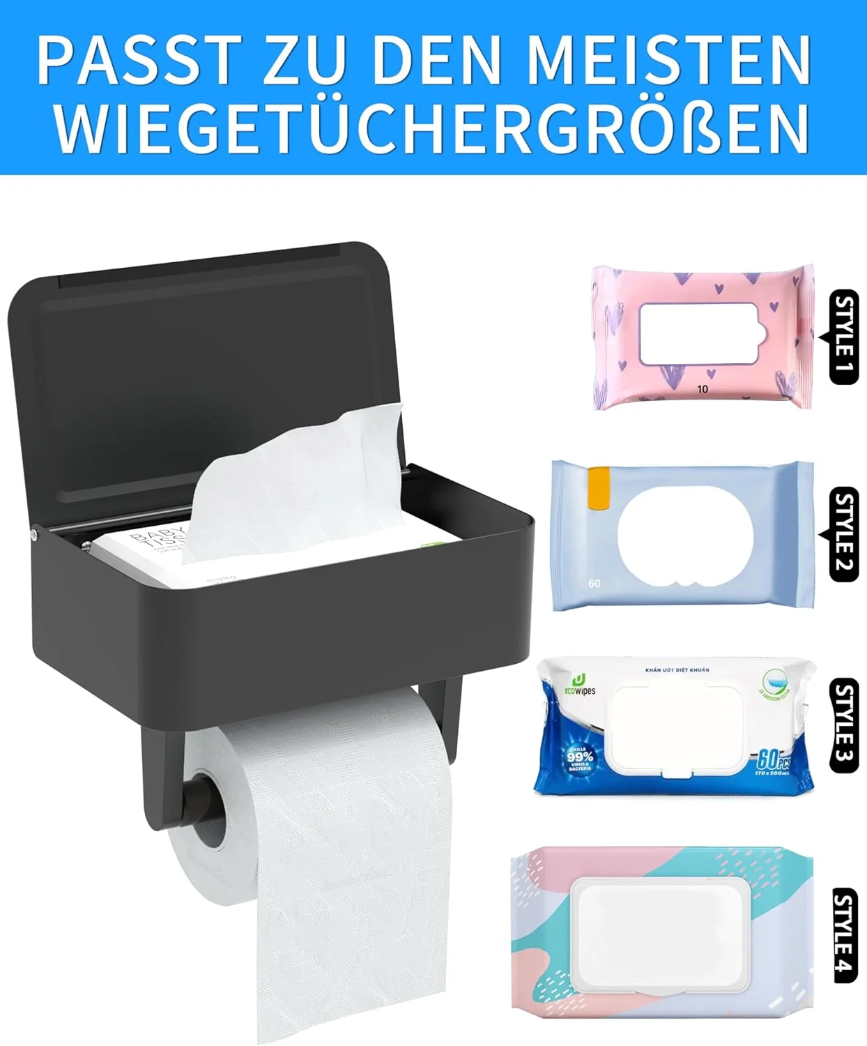 نگهدارنده کاغذ توالت WZRUA، بدون نیاز به سوراخکاری، خود چسب، مشکی مات، دارای جعبه دستمال مرطوب، استیل ضد زنگ، ضد اثر انگشت، نصب دیواری مناسب برای حمام