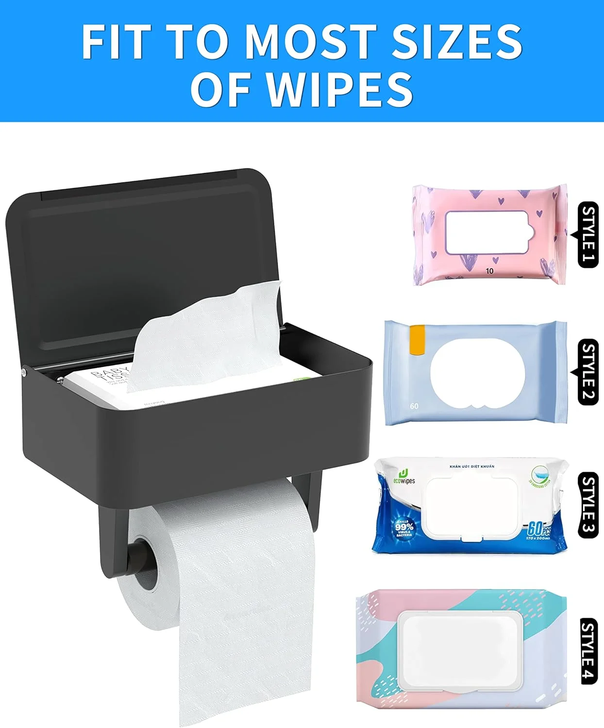 جا دستمال کاغذی WZKALY با قفسه - جای دستمال مرطوب و محفظه نگهداری مناسب برای هر حمام، دستمال های مرطوب خود را پنهان نگه دارید - استیل ضد زنگ، نصب دیواری، مناسب برای رول معمولی - (مشکی مات)
