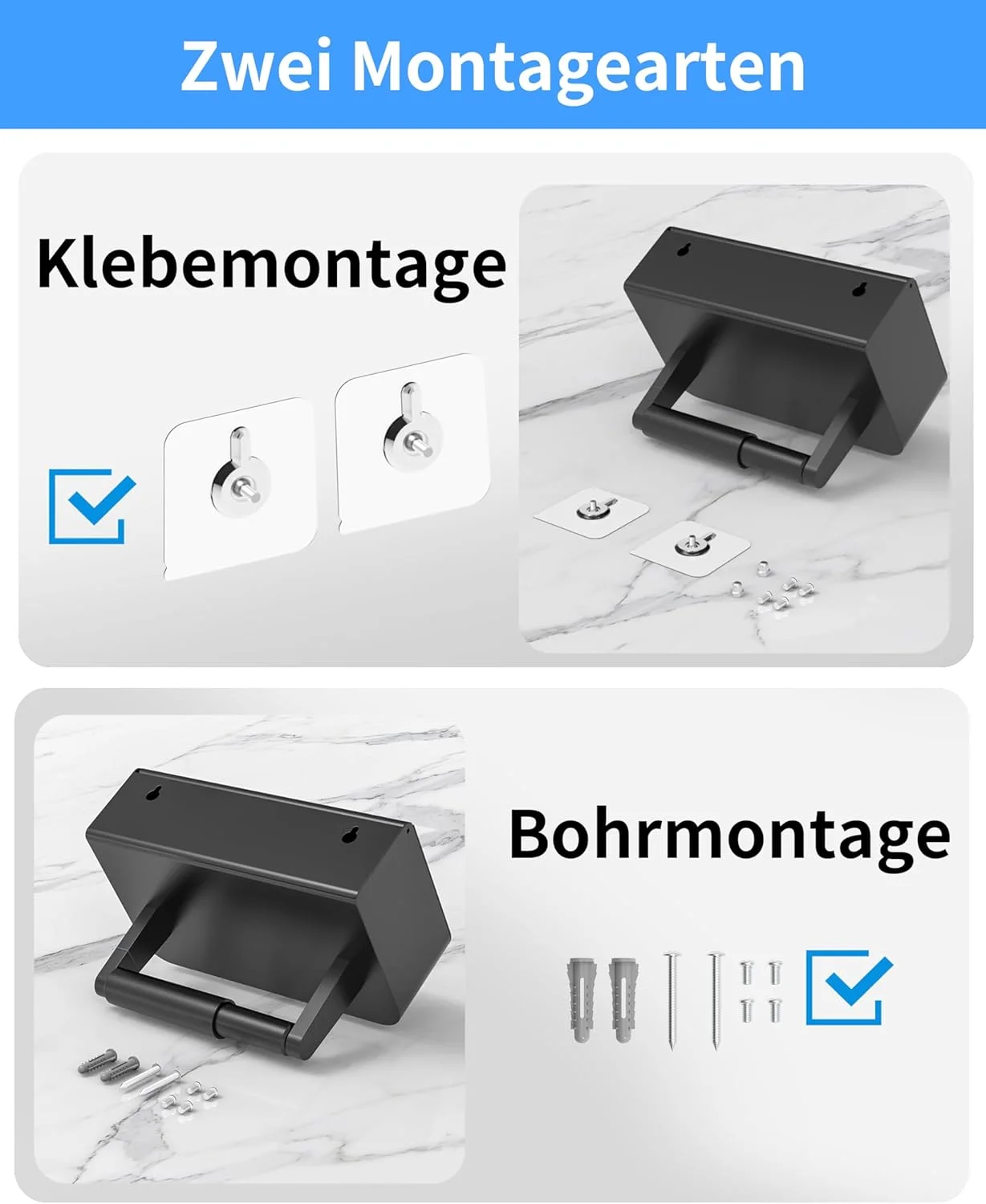 نگهدارنده کاغذ توالت WZRUA، بدون نیاز به سوراخکاری، خود چسب، مشکی مات، دارای جعبه دستمال مرطوب، استیل ضد زنگ، ضد اثر انگشت، نصب دیواری مناسب برای حمام