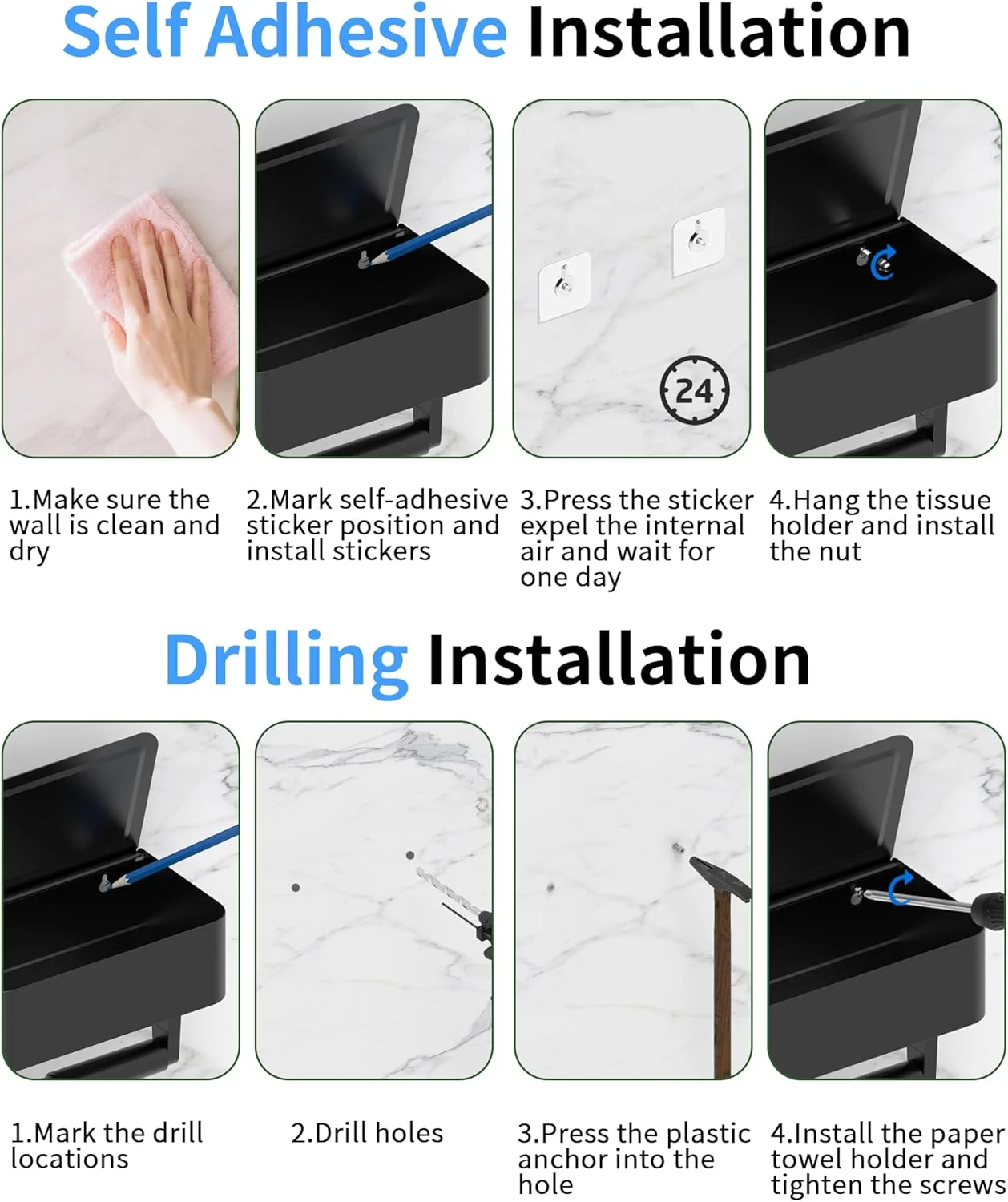 جا دستمال کاغذی WZKALY با قفسه - جای دستمال مرطوب و محفظه نگهداری مناسب برای هر حمام، دستمال های مرطوب خود را پنهان نگه دارید - استیل ضد زنگ، نصب دیواری، مناسب برای رول معمولی - (مشکی مات)