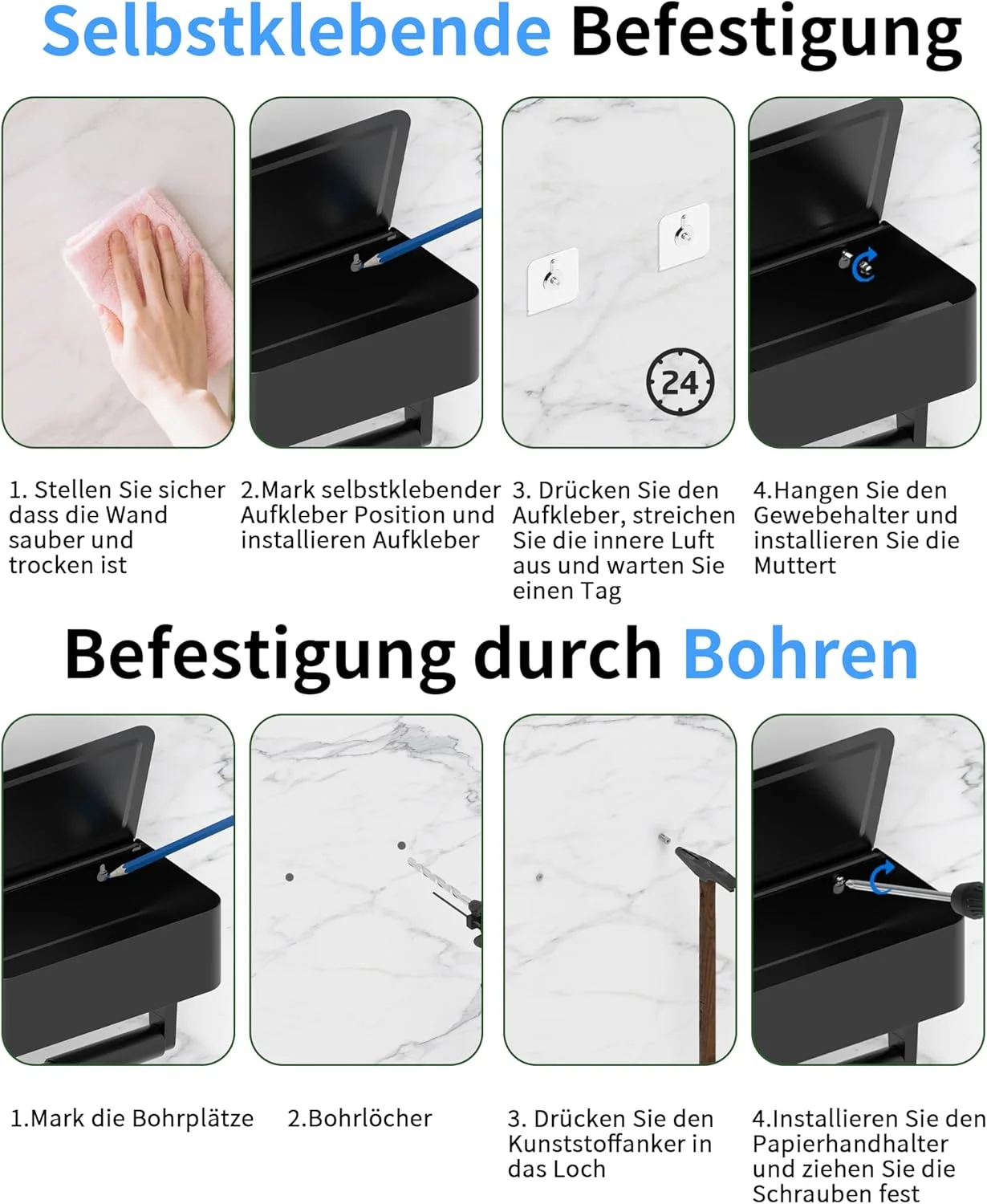 نگهدارنده کاغذ توالت WZRUA، بدون نیاز به سوراخکاری، خود چسب، مشکی مات، دارای جعبه دستمال مرطوب، استیل ضد زنگ، ضد اثر انگشت، نصب دیواری مناسب برای حمام