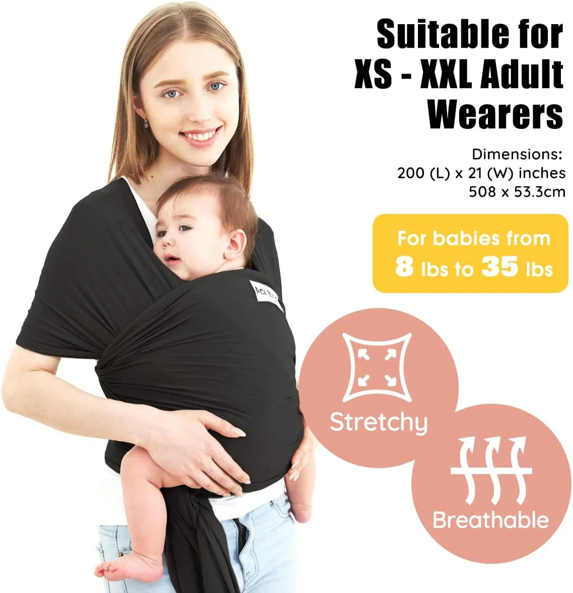 آغوشی نوزاد آکرابروس، آغوشی بدون دست، سبک وزن، قابل تنفس، نرم، مناسب برای نوزادان تازه متولد شده و هدیه سیسمونی، مشکی