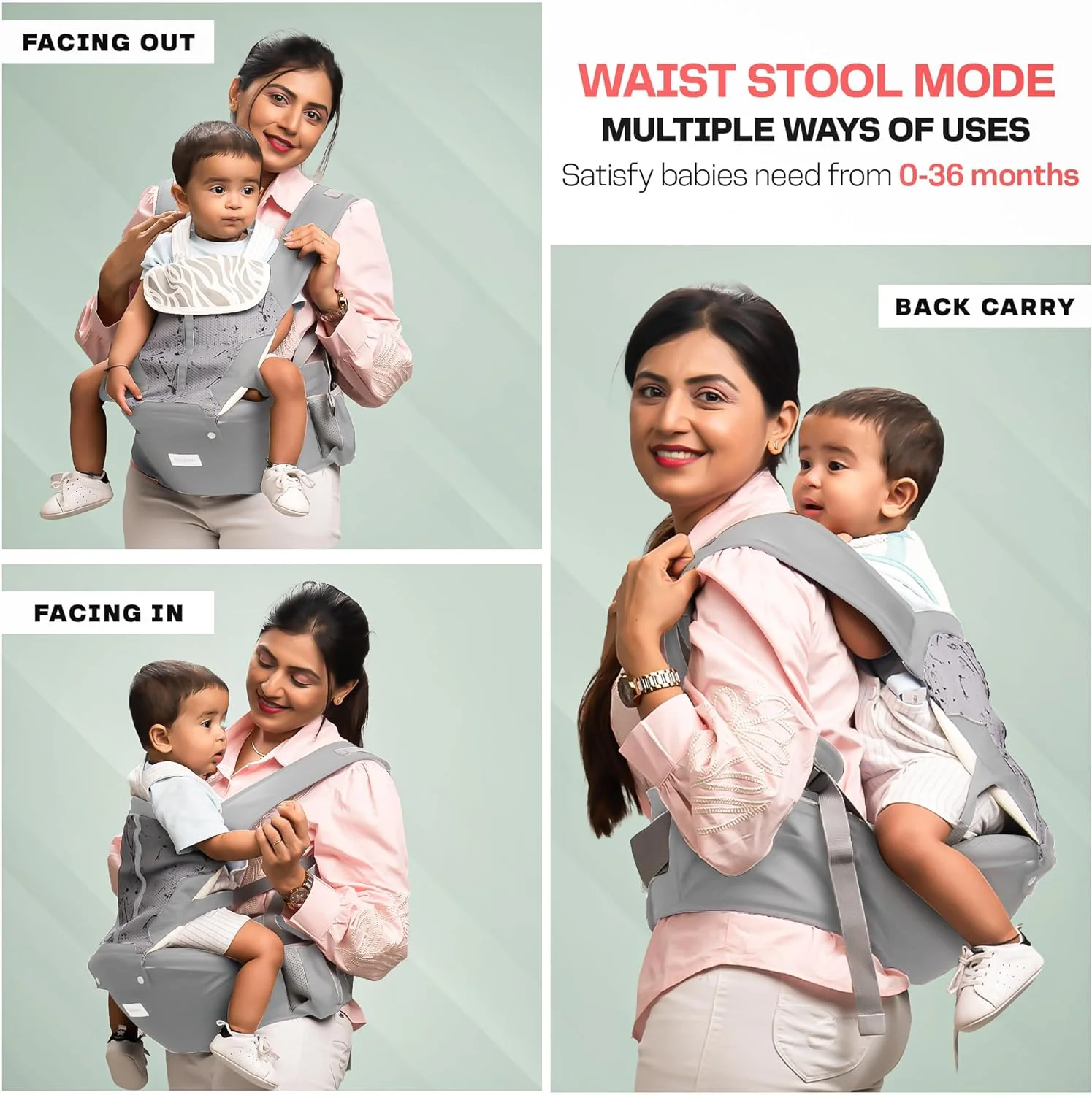 آغوشی نوزاد با نشیمنگاه کمری Baybee Neonest مناسب برای نوزاد 0 تا 3 سال | آغوشی نوزاد برای نوزاد تازه متولد شده با 6 حالت حمل | کیف حمل نوزاد قابل تنظیم بدون دست با پشتیبانی کمری و کوسن پهن