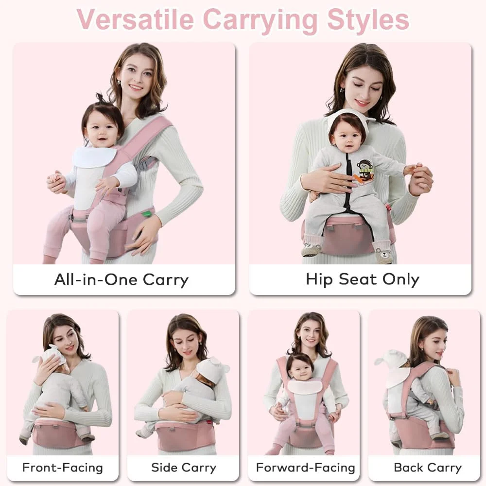 آغوشی کودک بیدلی با 2 عدد پیش بند، آغوشی 6 در 1 کودک، آغوشی چند منظوره برای نوزادان و کودکان نوپا، صندلی کمری ارگونومیک، مناسب برای کودکان 0-36 ماه (صورتی)