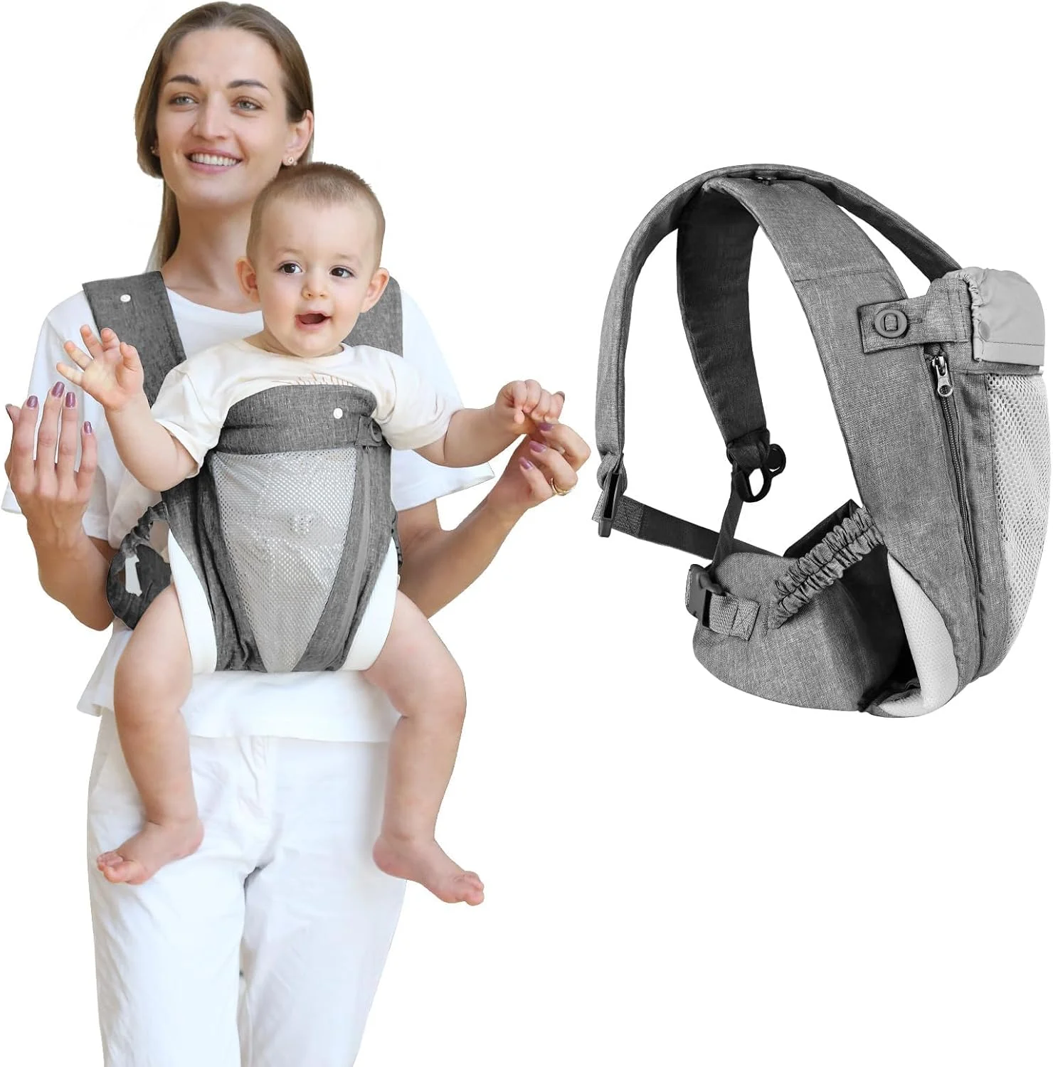 آغوشی نوزاد قابل تنظیم BIGTHREE - آغوشی چند حالته و تنفسی نوزاد با زیپ و کمربند محافظ، طراحی ارگونومیک برای وزن 3.5 تا 18 کیلوگرم، حمل از جلو/پشت (خاکستری)