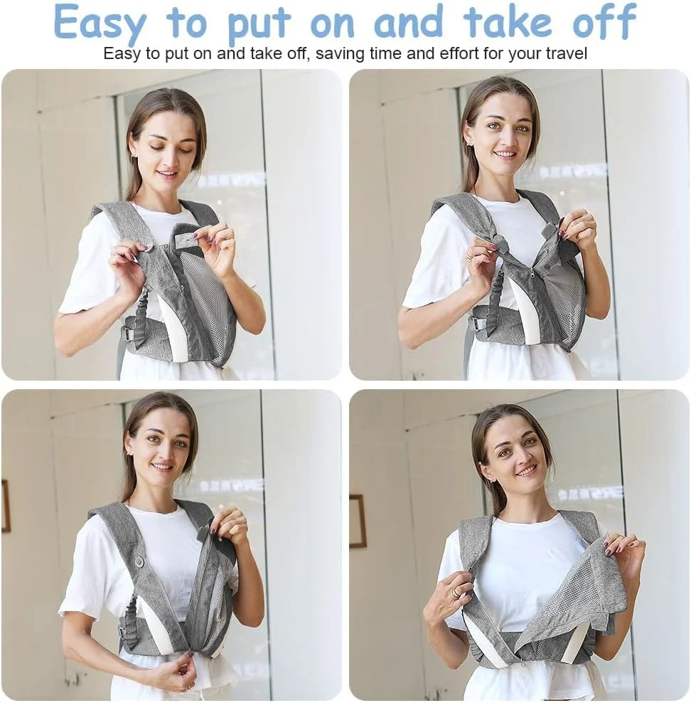 آغوشی نوزاد قابل تنظیم BIGTHREE - آغوشی چند حالته و تنفسی نوزاد با زیپ و کمربند محافظ، طراحی ارگونومیک برای وزن 3.5 تا 18 کیلوگرم، حمل از جلو/پشت (خاکستری)