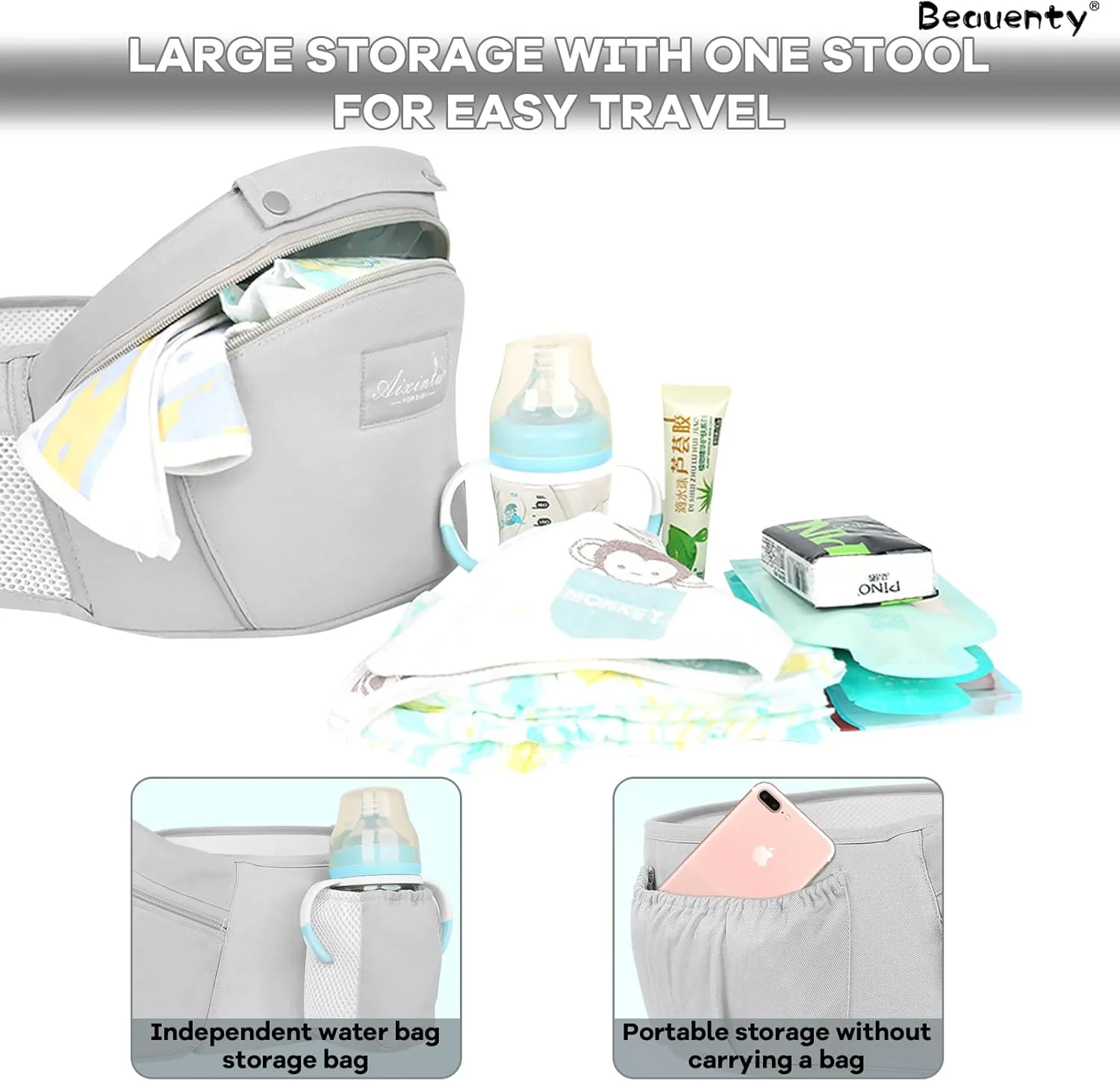 آغوشی نوزاد Beauenty قابل تنظیم و تنفسی، آغوشی ارگونومیک کودک، کوله پشتی حمل نوزاد قابل تبدیل جلو و پشت برای نوزاد تازه متولد شده و کودک نوپا (خاکستری)