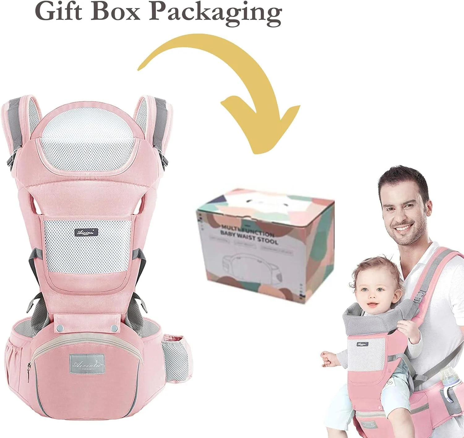 آغوشی نوزاد آوکراتی با نشیمنگاه کمری، طراحی ارگونومیک M شکل، 6 در 1، مناسب نوزاد تا کودک نوپا، دارای پشتیبانی از سر و توری تنفسی، آغوشی قابل تنظیم برای پدر و مادر (صورتی)