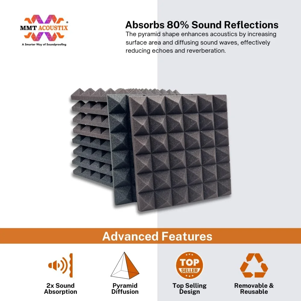 فوم آکوستیک هرمی 18 عددی MMT Acoustix® (30 x 30 x 5 سانتی متر) مشکی | جاذب و پخش کننده صدای متراکم فوم آکوستیک هرمی 18 عددی MMT Acoustix® (30 x 30 x 5 سانتی متر) مشکی | جاذب و پخش کننده صدای متراکم