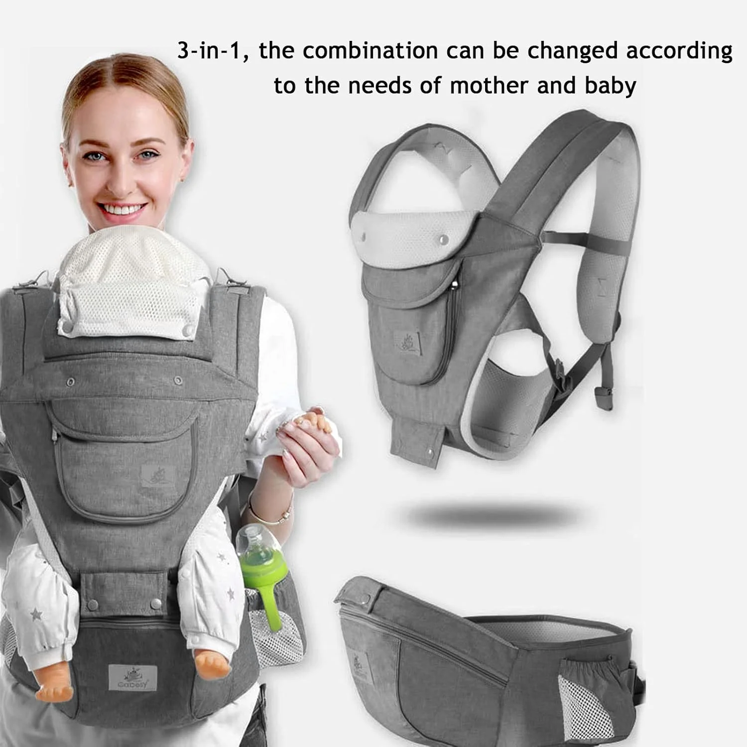 آغوشی نوزاد با نشیمنگاه کمری، آغوشی کمری 6 در 1، نگهدارنده قابل تنظیم نوزاد برای نوزادان 0 تا 36 ماهه، کوله پشتی نوزاد برای پیاده روی، خرید، سفر و کوهنوردی