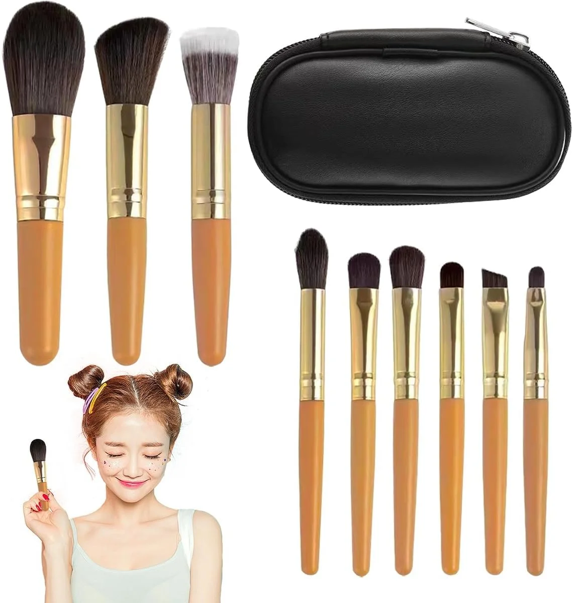 ست برس آرایشی مینی KASTWAVE، 9 عدد برس مسافرتی قابل حمل با کیف نگهداری، برای کرم پودر، رژگونه، پودر، سایه چشم و لوازم آرایشی