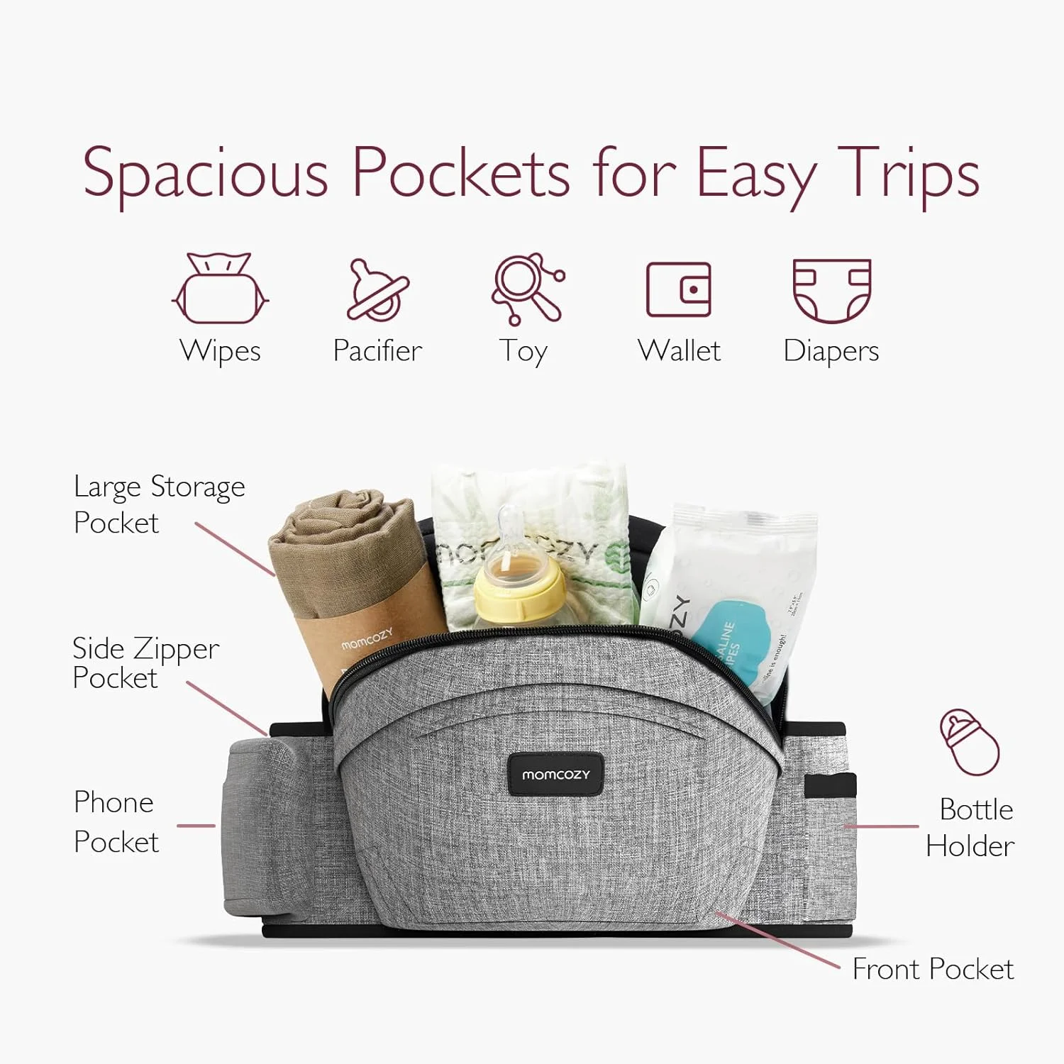 آغوشی نوزاد Momcozy با نشیمنگاه - کمربند قابل تنظیم با محافظ شکم سه بعدی اصلی، آغوشی ارگونومیک با جیب های مختلف برای نوزادان و کودکان نوپا تا 20 کیلوگرم (خاکستری، متوسط)