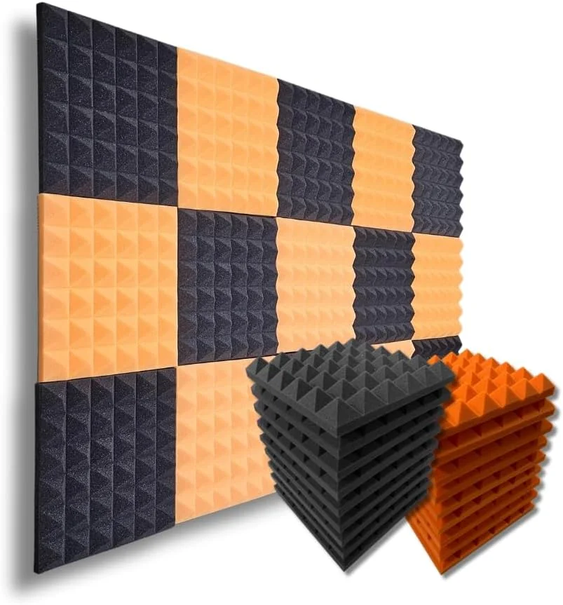 MMT Acoustix® 18 تکه فوم آکوستیک هرمی با جذب 90%، چگالی 50، ابعاد 30x30 سانتی متر، ضخامت 5 سانتی متر. فوم درجه یک، پنل های آکوستیک دیواری دقیق برای عایق صدا، کاهش اکو و کاهش نویز. رنگ زغالی حرفه ای + نارنجی MMT