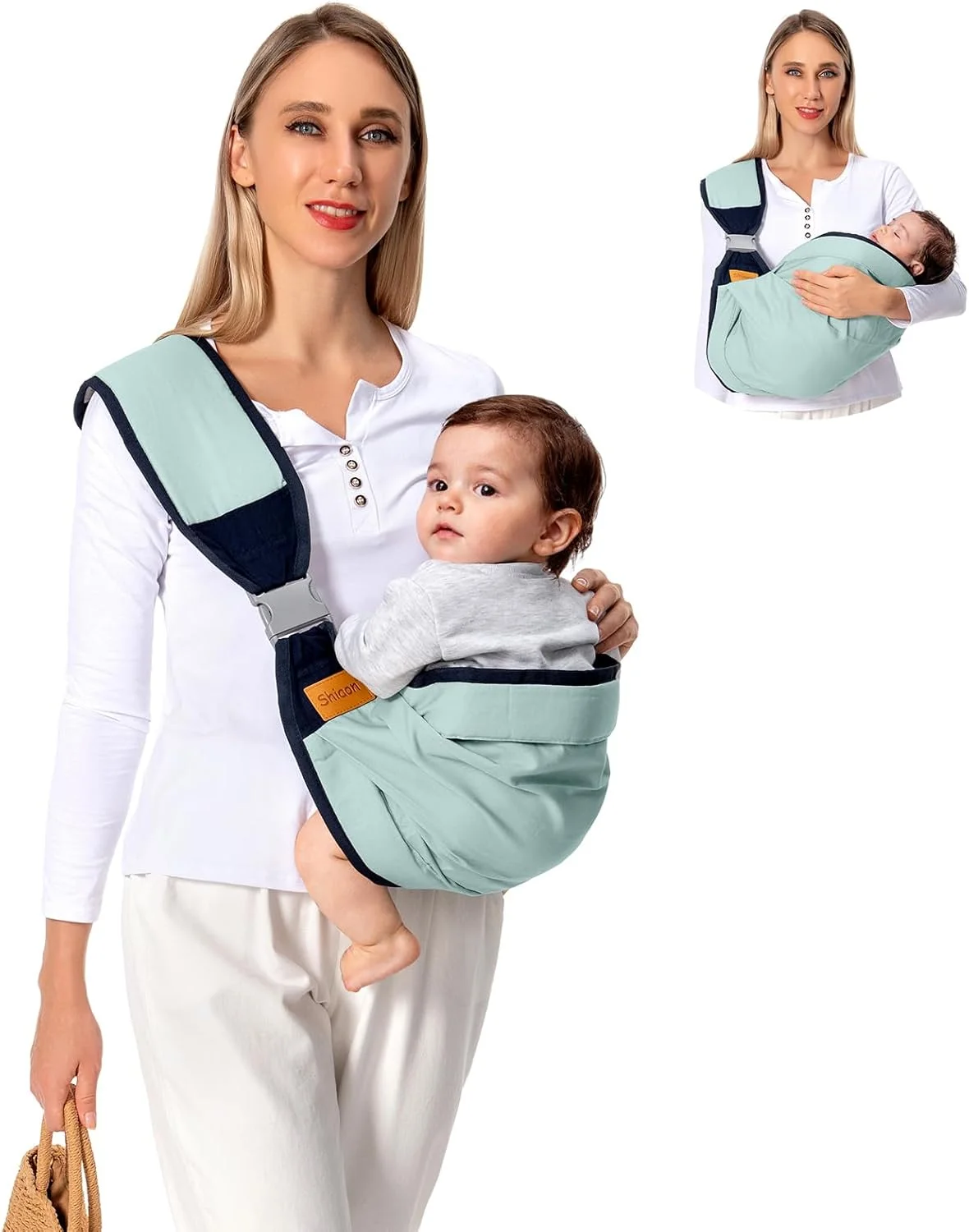 آغوشی نوزاد شیائون، آغوشی نوزاد از بدو تولد تا نوپا (3 تا 20 کیلوگرم)، آغوشی نوپا با سگک ایمنی، بند شانه قابل تنظیم تک شانه، سایز آزاد، سبز