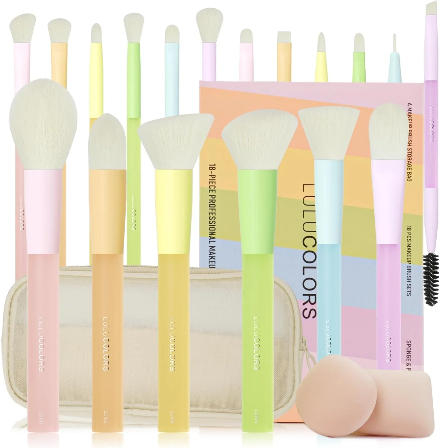 ست برس آرایشی 18 تکه حرفه ای LULUCOLORS - مجموعه چند رنگ مناسب مسافرت با برس های پودر مخروطی، کابوکی، رژگونه، سایه چشم، خط چشم - موهای نرم، دسته های لاستیکی
