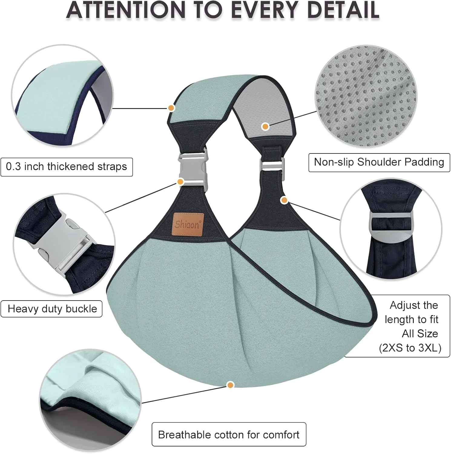 آغوشی نوزاد شیائون، آغوشی نوزاد از بدو تولد تا نوپا (3 تا 20 کیلوگرم)، آغوشی نوپا با سگک ایمنی، بند شانه قابل تنظیم تک شانه، سایز آزاد، سبز