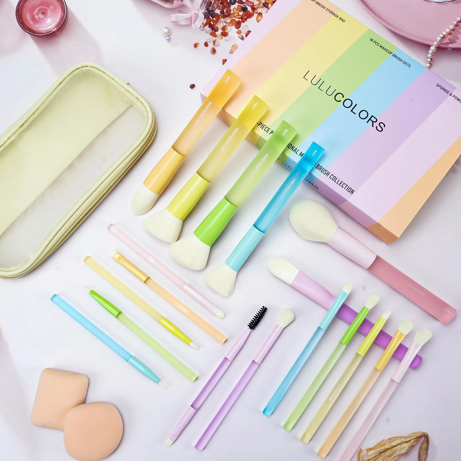 ست برس آرایشی 18 تکه حرفه ای LULUCOLORS - مجموعه چند رنگ مناسب سفر با برس های پودر مخروطی، کابوکی، رژگونه، سایه چشم، خط چشم - موهای نرم، دسته های لاستیکی ست برس آرایشی 18 تکه حرفه ای LULUCOLORS - مجموعه چند رنگ مناسب سفر با برس های پودر مخروطی، کابوکی، رژگونه، سایه چشم، خط چشم - موهای نرم، دسته های لاستیکی