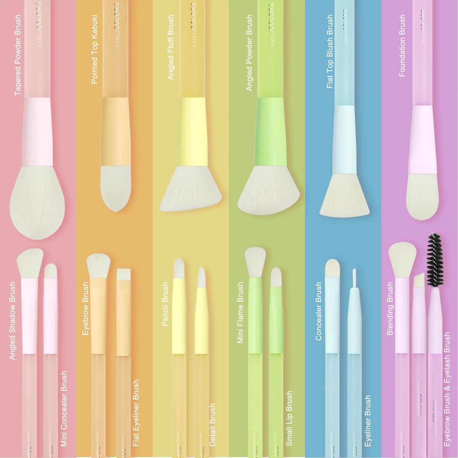 ست برس آرایشی 18 تکه حرفه ای LULUCOLORS - مجموعه چند رنگ مناسب مسافرت با برس های پودر مخروطی، کابوکی، رژگونه، سایه چشم، خط چشم - موهای نرم، دسته های لاستیکی ست برس آرایشی 18 تکه حرفه ای LULUCOLORS - مجموعه چند رنگ مناسب مسافرت با برس های پودر مخروطی، کابوکی، رژگونه، سایه چشم، خط چشم - موهای نرم، دسته های لاستیکی