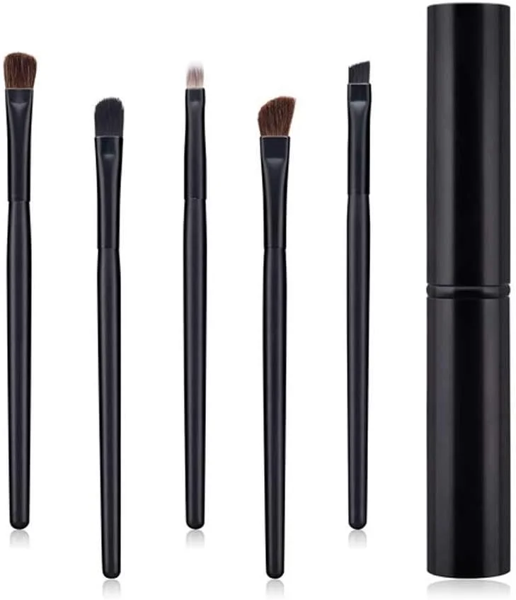 ست برس آرایشی 5 عددی، برس های آرایش چشم، الیاف نایلونی، مناسب برای ترکیب، خط چشم، مژه، ابرو، سایه چشم، ابزار آرایشی با جعبه برس، محصولات آرایشی (رنگ: مشکی)