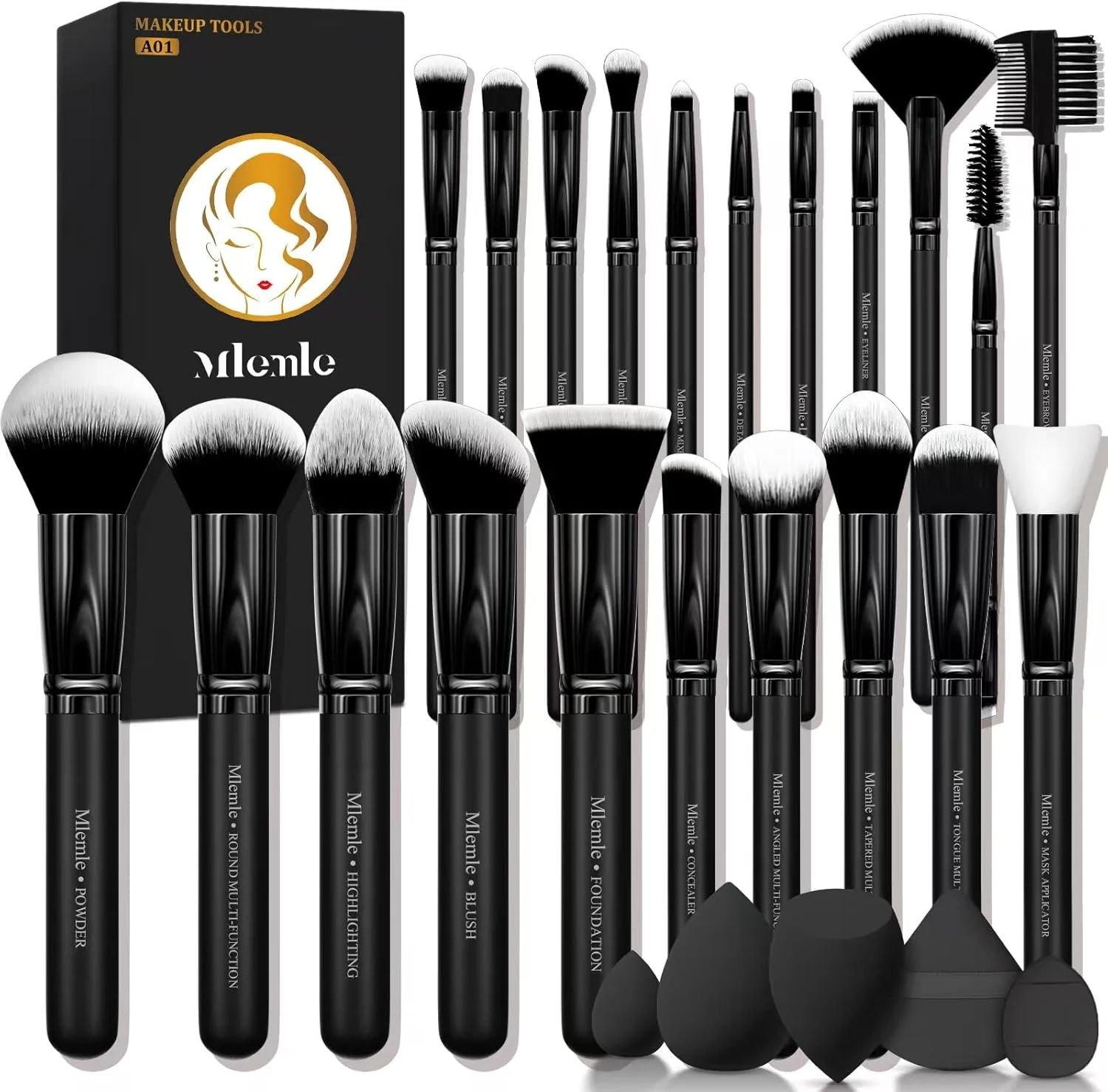 Makeup Brushes Set, Mlemle Professional 26 Pcs Makeup Kit, Include Powder Foundation Concealers Blush Eye shadows 21 Pcs Makeup Brushes and 2 Powder Puff, 3 Makeup Sponge (A01-Black)