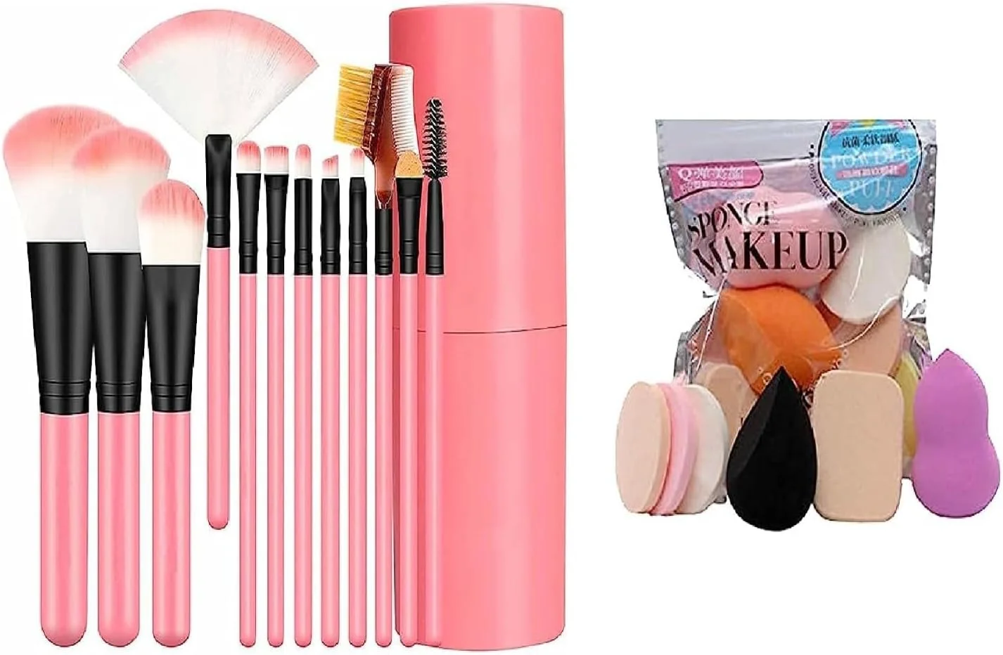 NIMRIT DECORATIONS Professional 12 Piece Face and Eye Makeup Brush Set With Storage Barrel With 6 in 1 Makeup Sponge Puff Pack