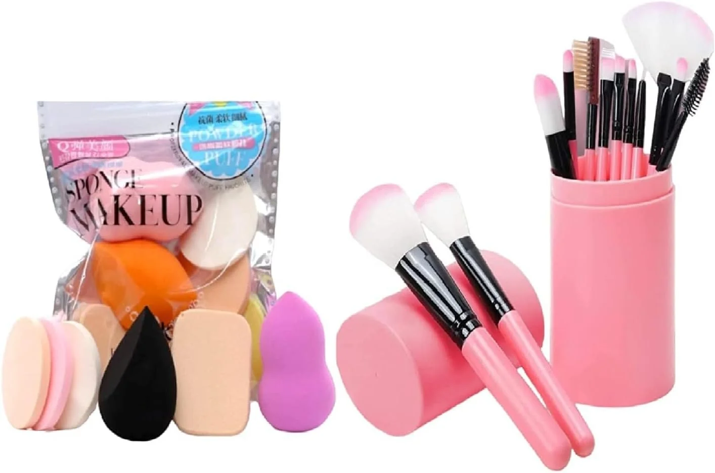 NIMRIT DECORATIONS Professional 12 Piece Face and Eye Makeup Brush Set With Storage Barrel With 6 in 1 Makeup Sponge Puff Pack