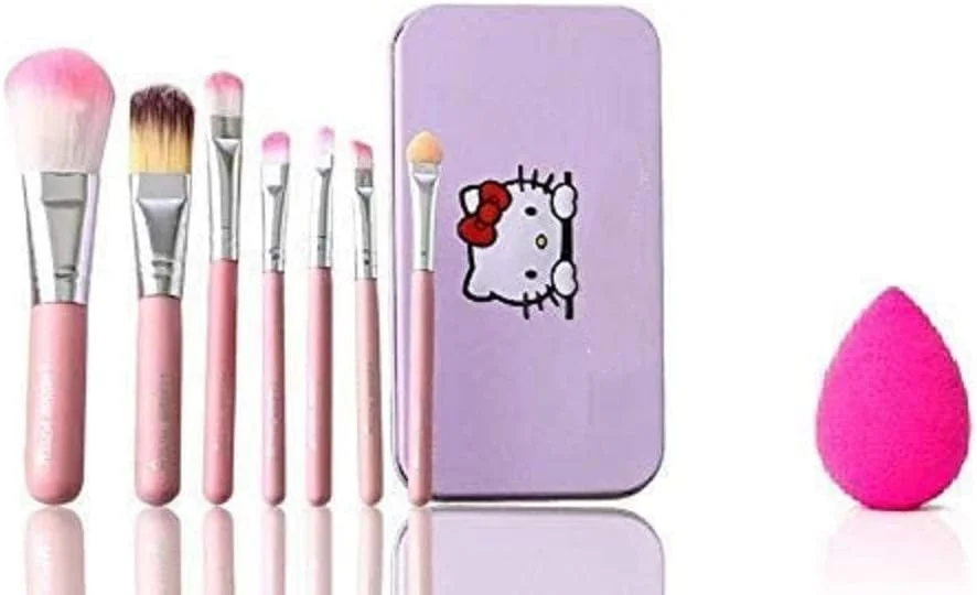 Prasadhkam Women's & Girl's Soft Bristles 7 Pcs Pink Makeup Brushes Set with 1 Pink Beauty Blender - (Pack of 8)