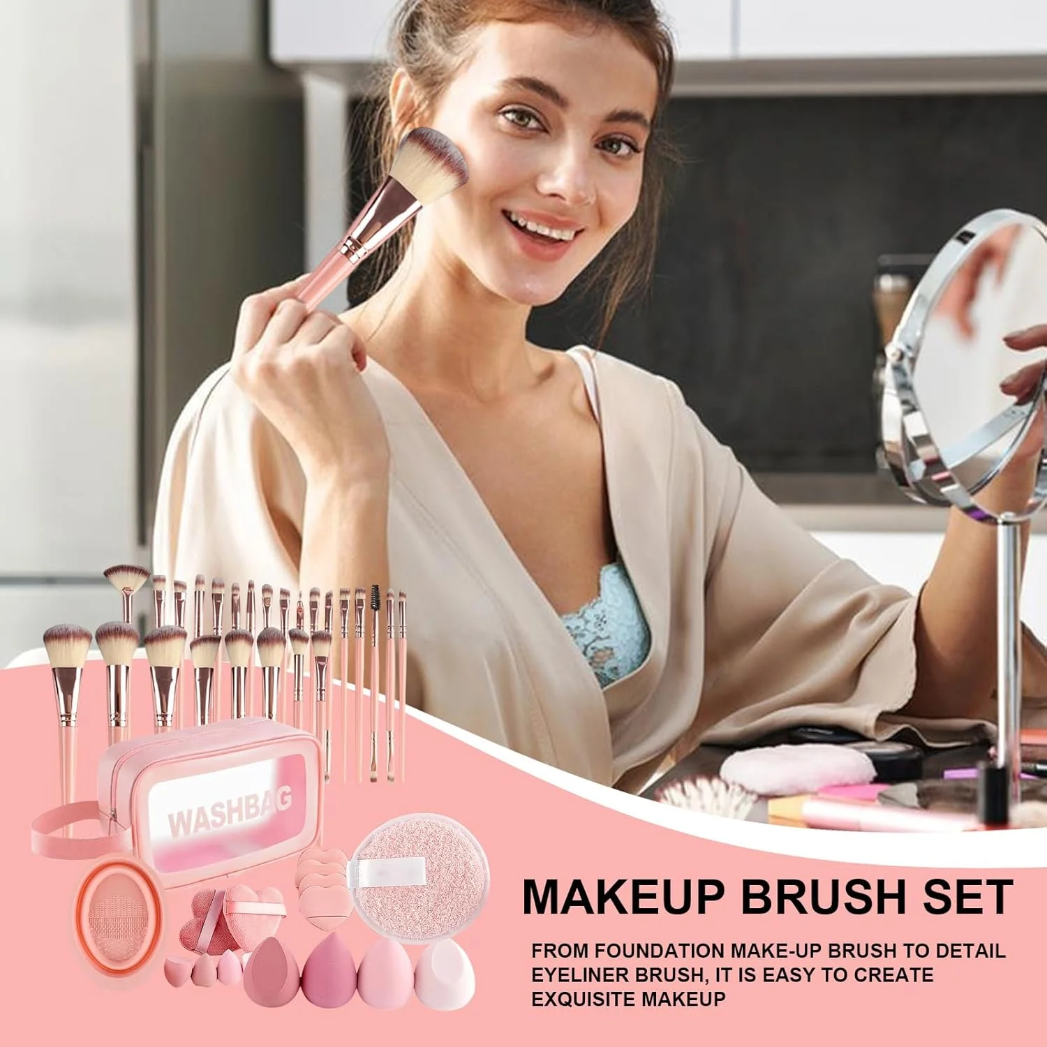 ست برس آرایشی حرفه ای، کیت برس اسفنجی آرایشی زنانه 46 تکه - با کیف نگهداری، لوازم جانبی زیبایی چند منظوره برای - زنان عروس فضای باز ولنتاین دختران خانه تعطیلات