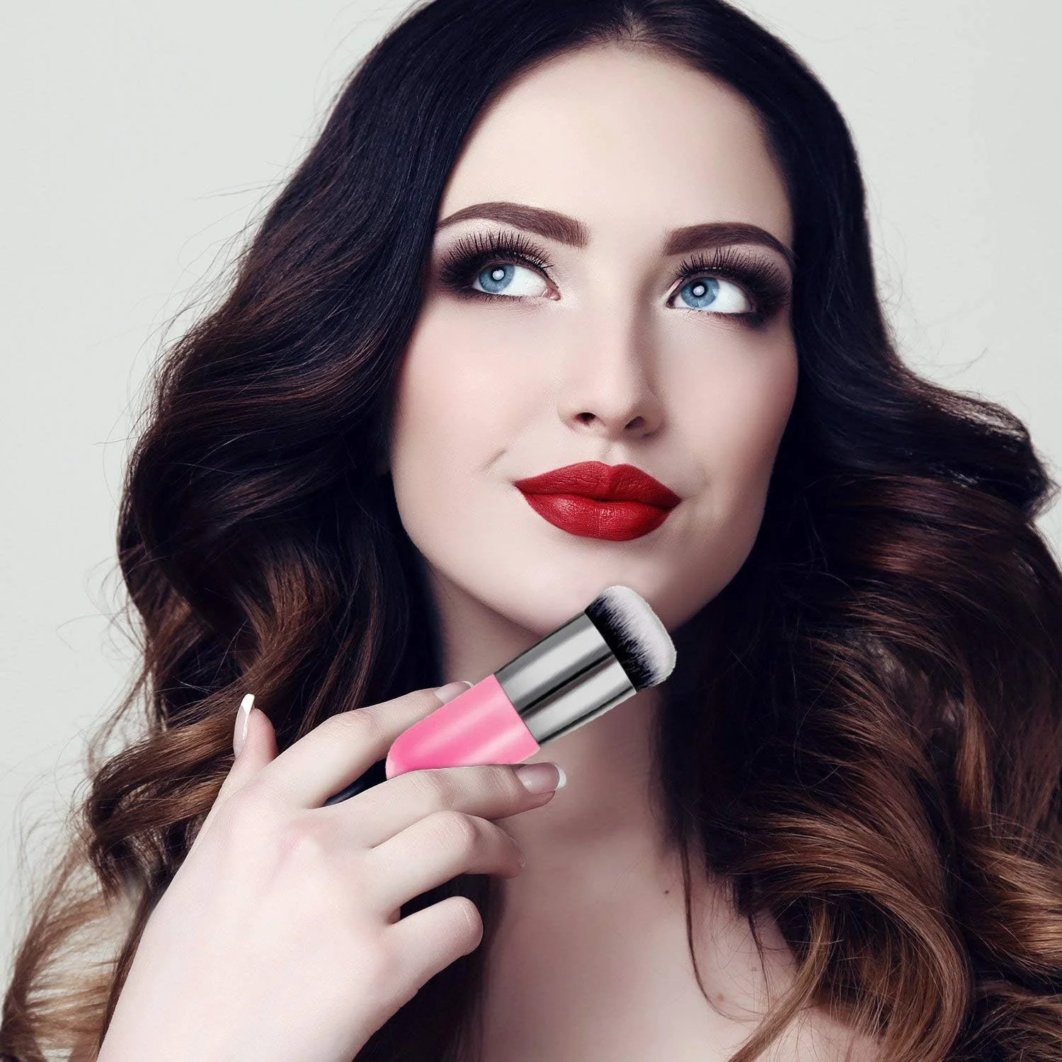 ست برس آرایشی خهلنی، کرم پودر صورتی، سایه چشم، بسته 10 عددی به همراه برس کرم پودر صورتی