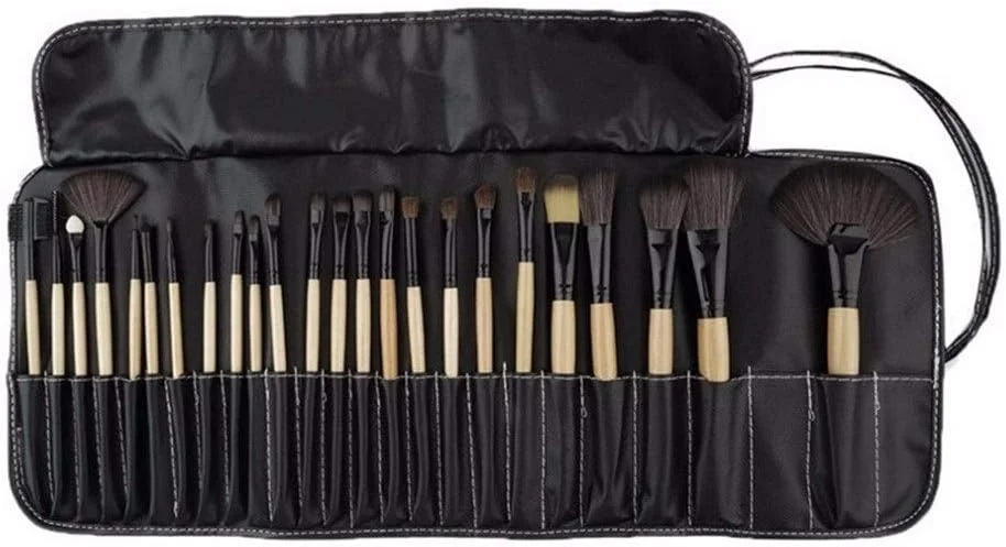 LINGLING-MAKEUP BRUSH برس آرایشی موی نایلونی با دسته چوبی، کیف چرمی PU مشکی، ست 24 عددی برس آرایشی حرفه ای، بادوام و حمل آسان (رنگ: شفاف)
