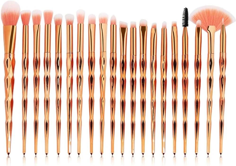 LINGLING-MAKEUP BRUSH برس آرایشی زرد، ست 20 عددی برس آرایشی الماسه، برس پودر فونداسیون، رژگونه، سایه چشم، برس لب، آرایش موتلی، بادوام و حمل آسان (رنگ: طلایی)